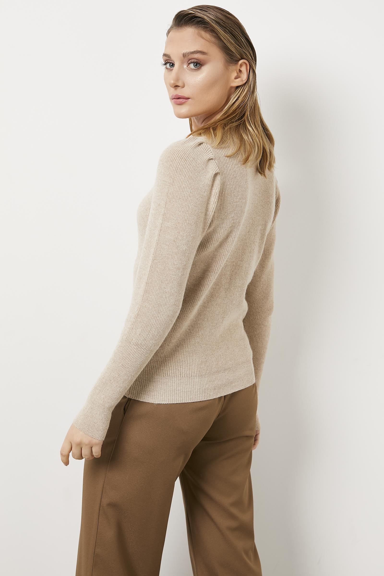 Sıfır Yaka Omuzları Düğmeli Triko Kazak - Açık Bej (5) Sementa