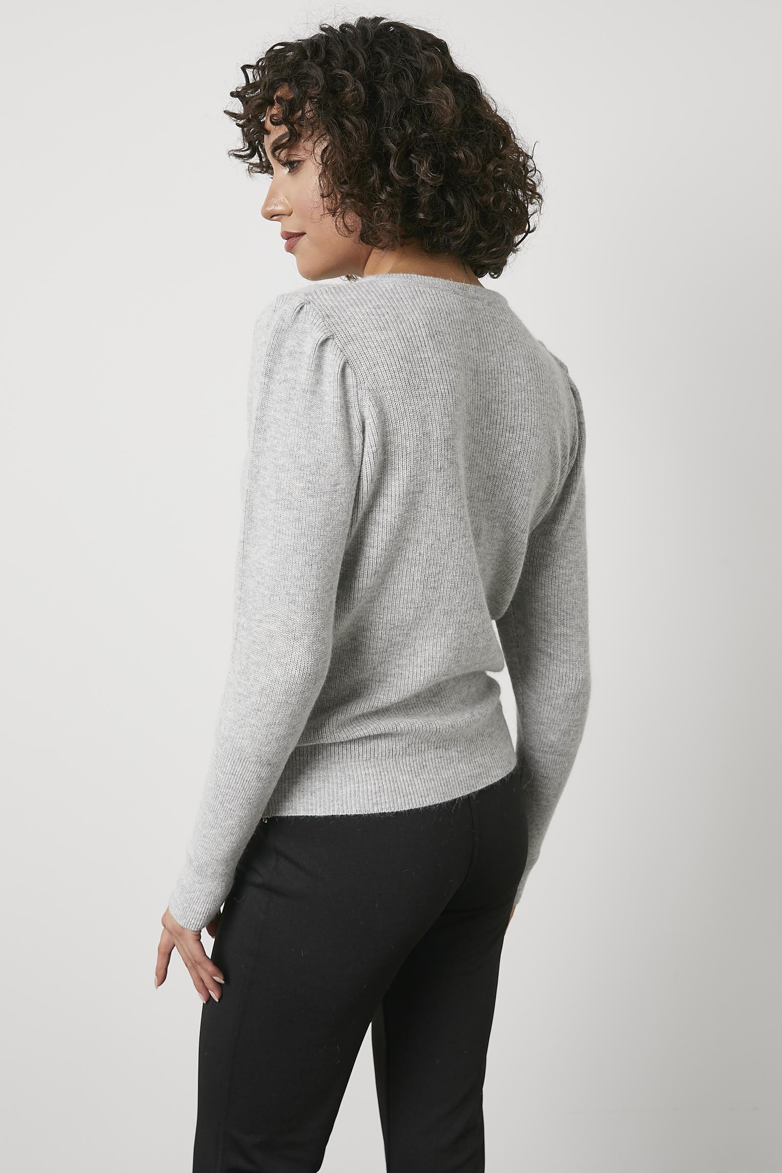 Sıfır Yaka Omuzları Düğmeli Triko Kazak - Açık Gri (3) Sementa