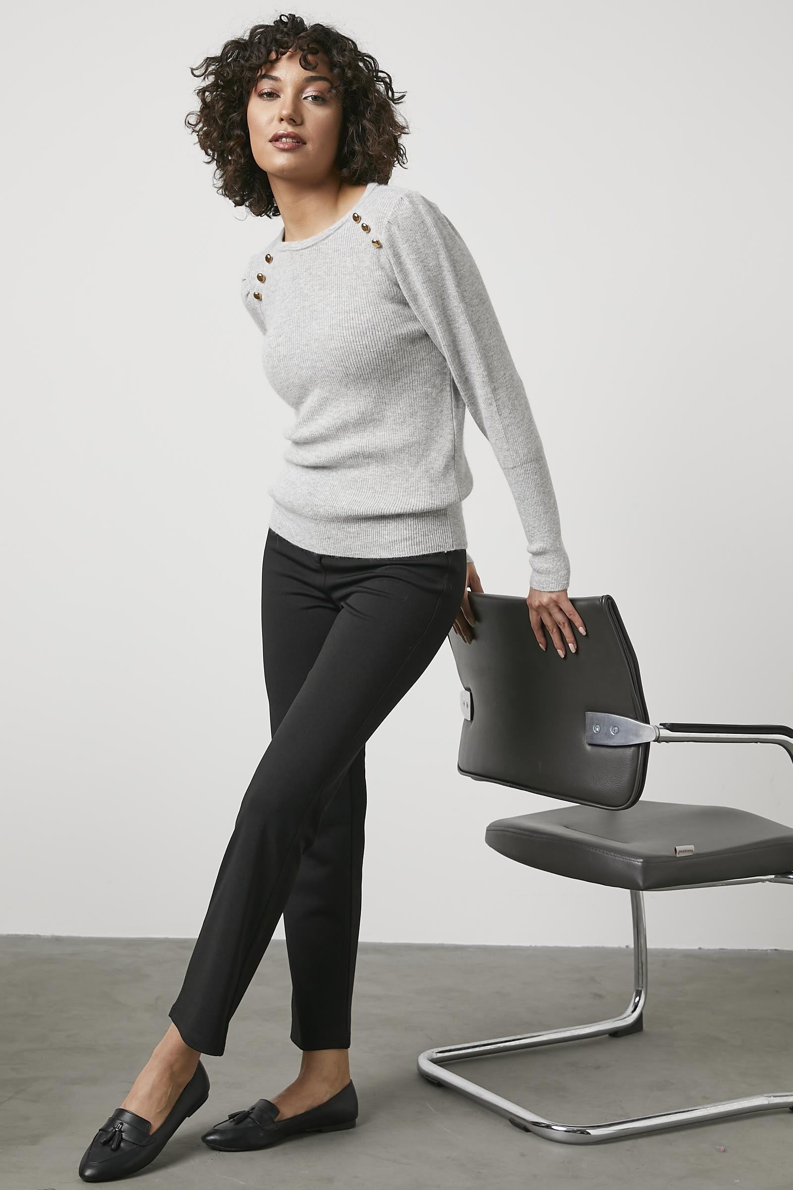 Sıfır Yaka Omuzları Düğmeli Triko Kazak - Açık Gri (4) Sementa