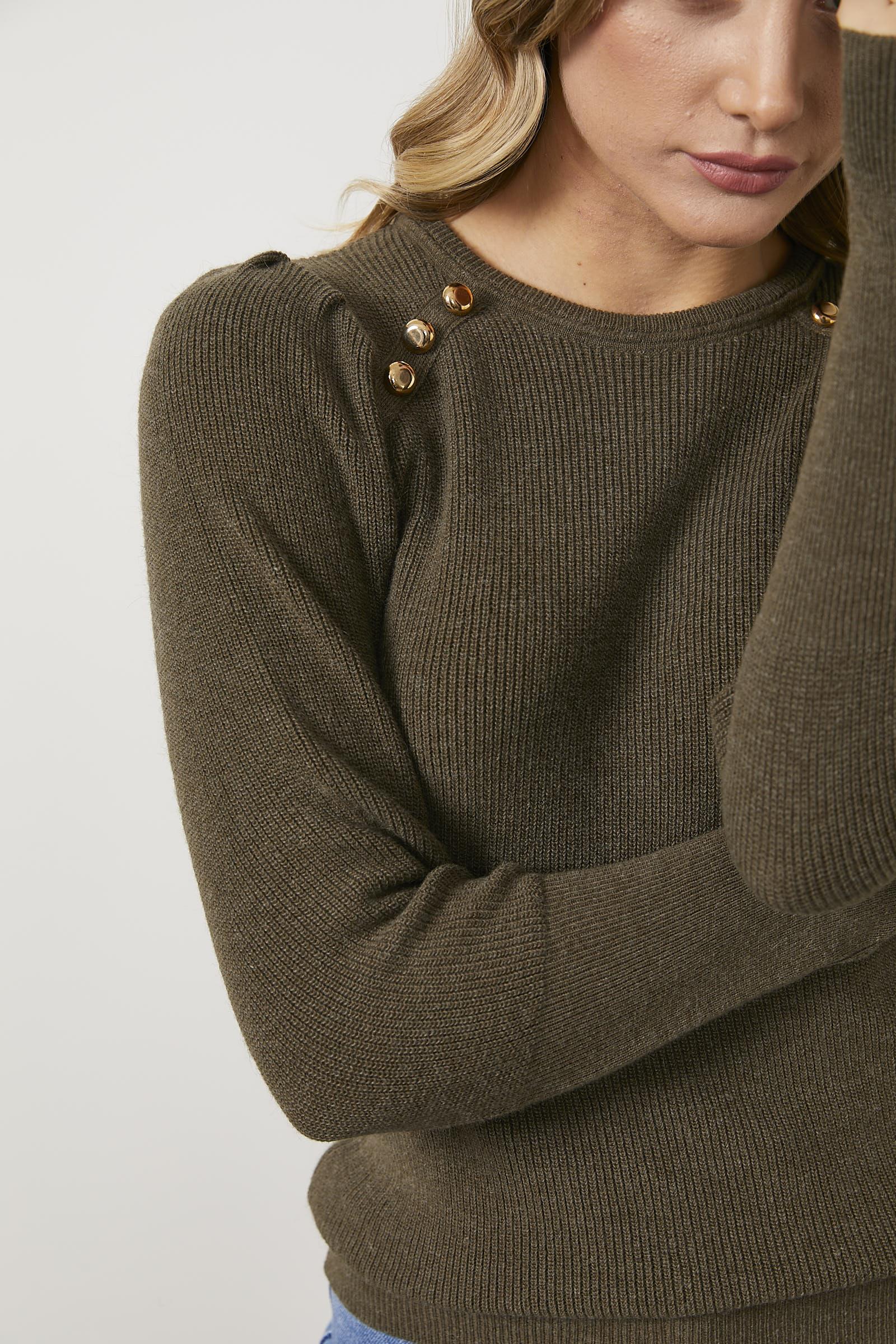 Sıfır Yaka Omuzları Düğmeli Triko Kazak - Haki (5) Sementa