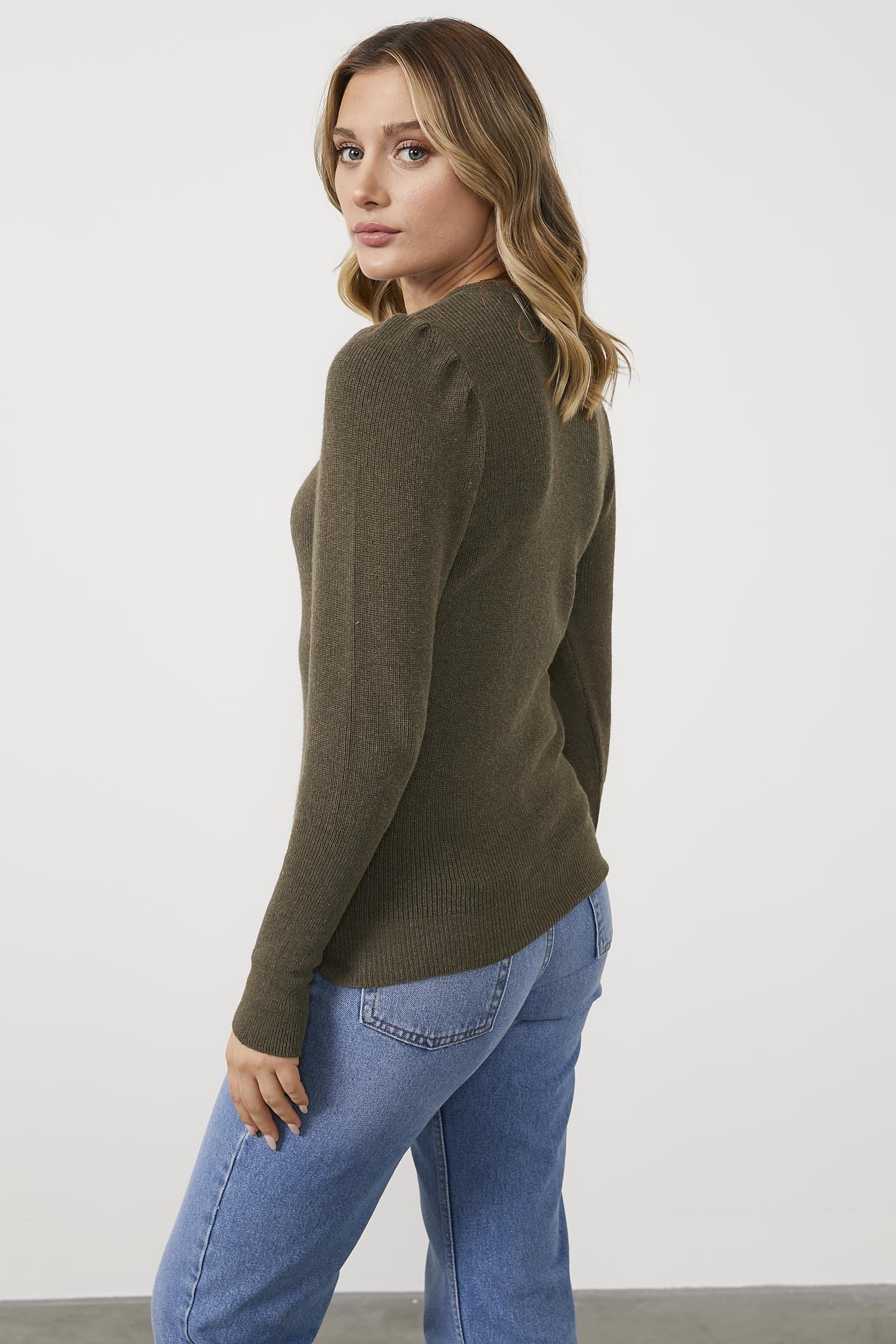 Sıfır Yaka Omuzları Düğmeli Triko Kazak - Haki (6) Sementa