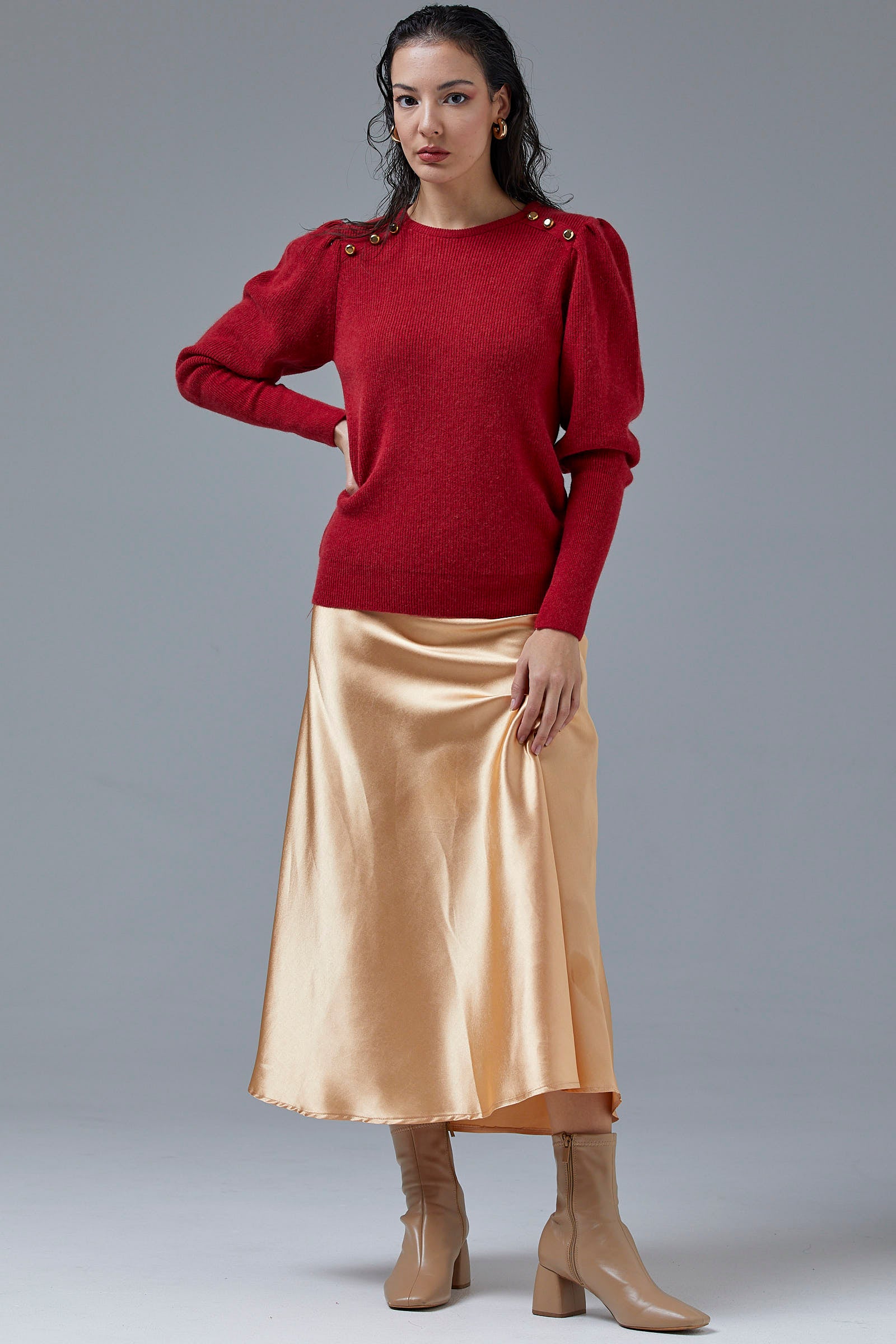 Sıfır Yaka Omuzları Düğmeli Triko Kazak - Kırmızı (1) Sementa