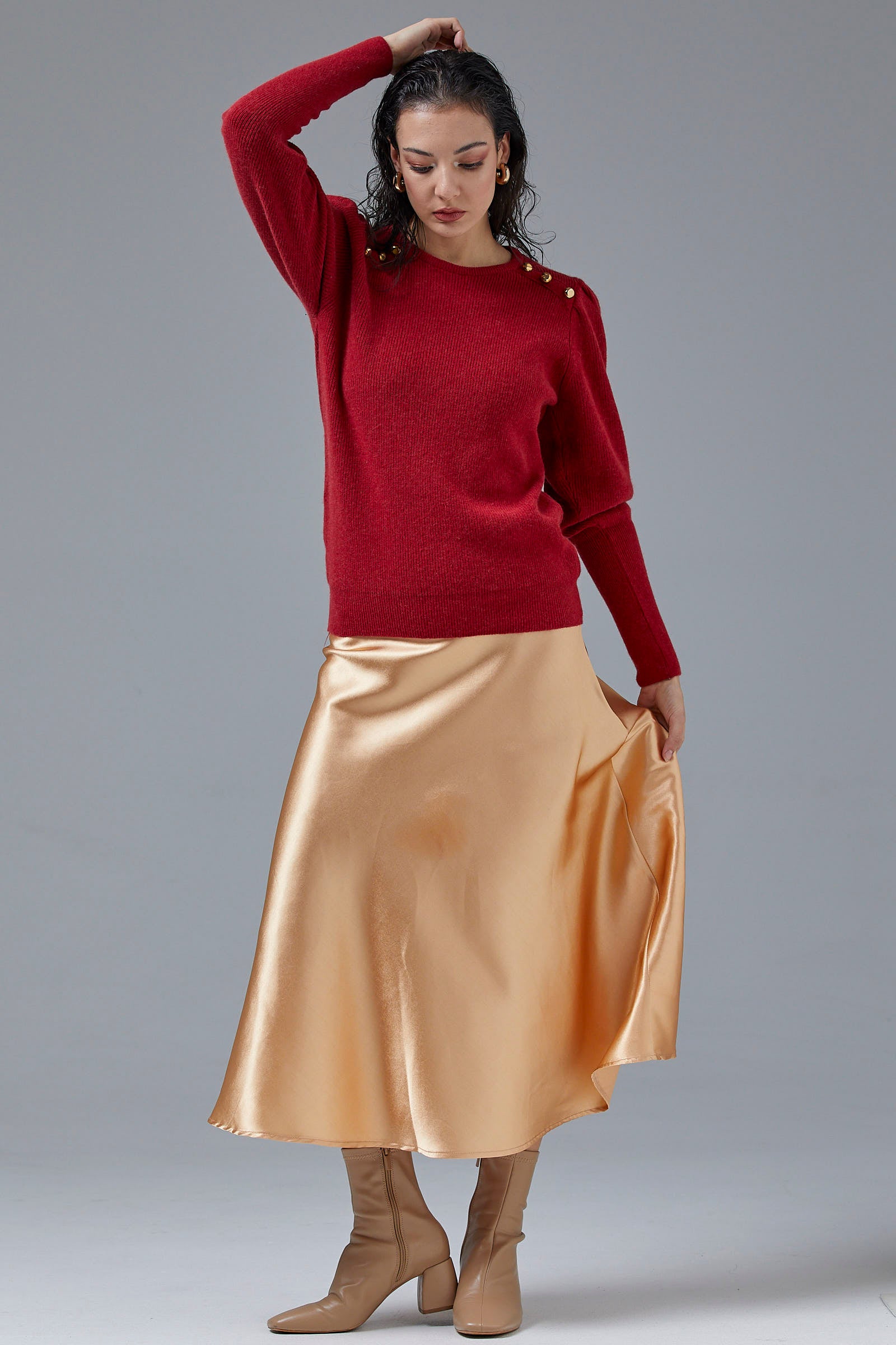 Sıfır Yaka Omuzları Düğmeli Triko Kazak - Kırmızı (2) Sementa