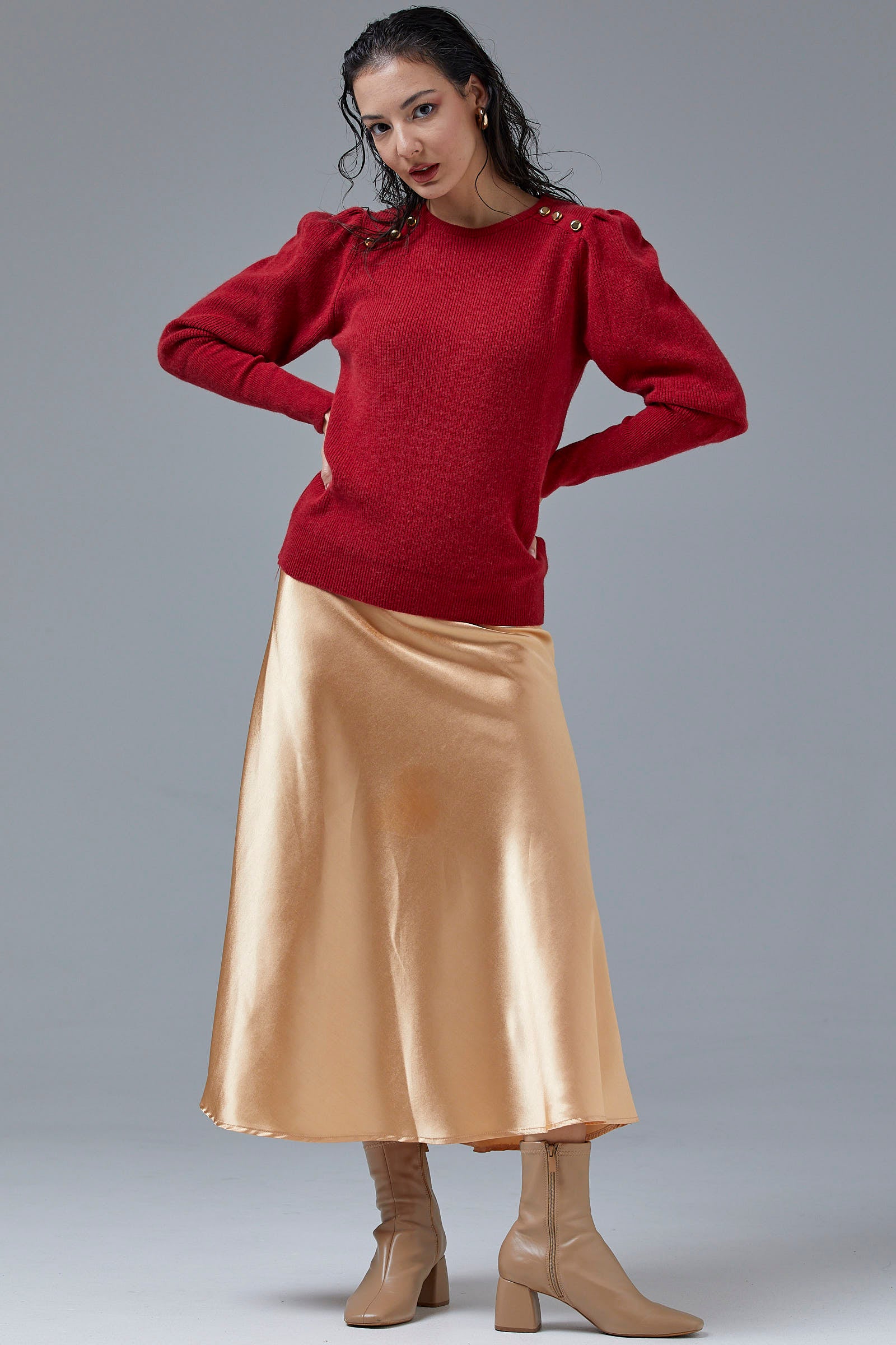 Sıfır Yaka Omuzları Düğmeli Triko Kazak - Kırmızı (4) Sementa