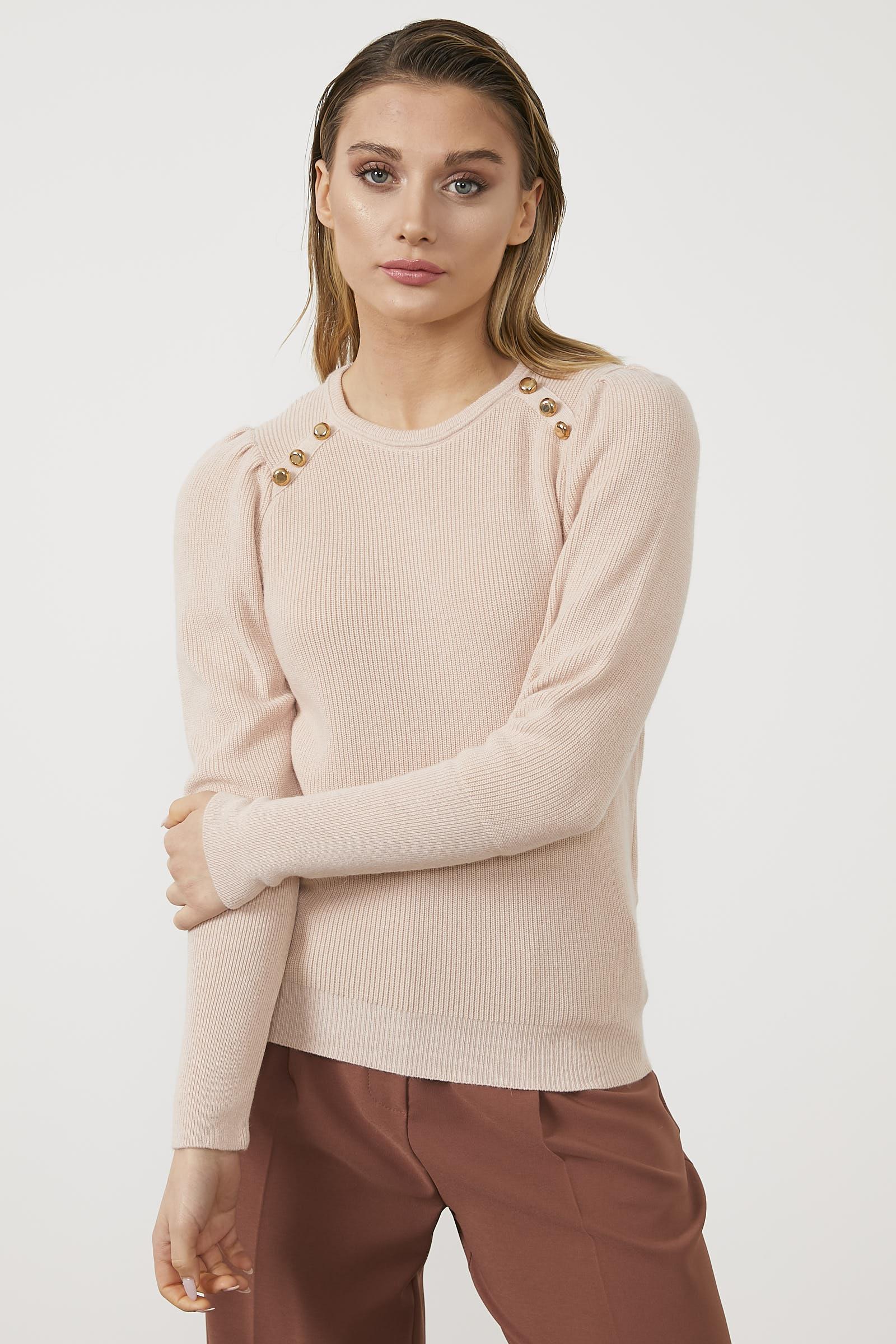 Sıfır Yaka Omuzları Düğmeli Triko Kazak - Pembe (3) Sementa