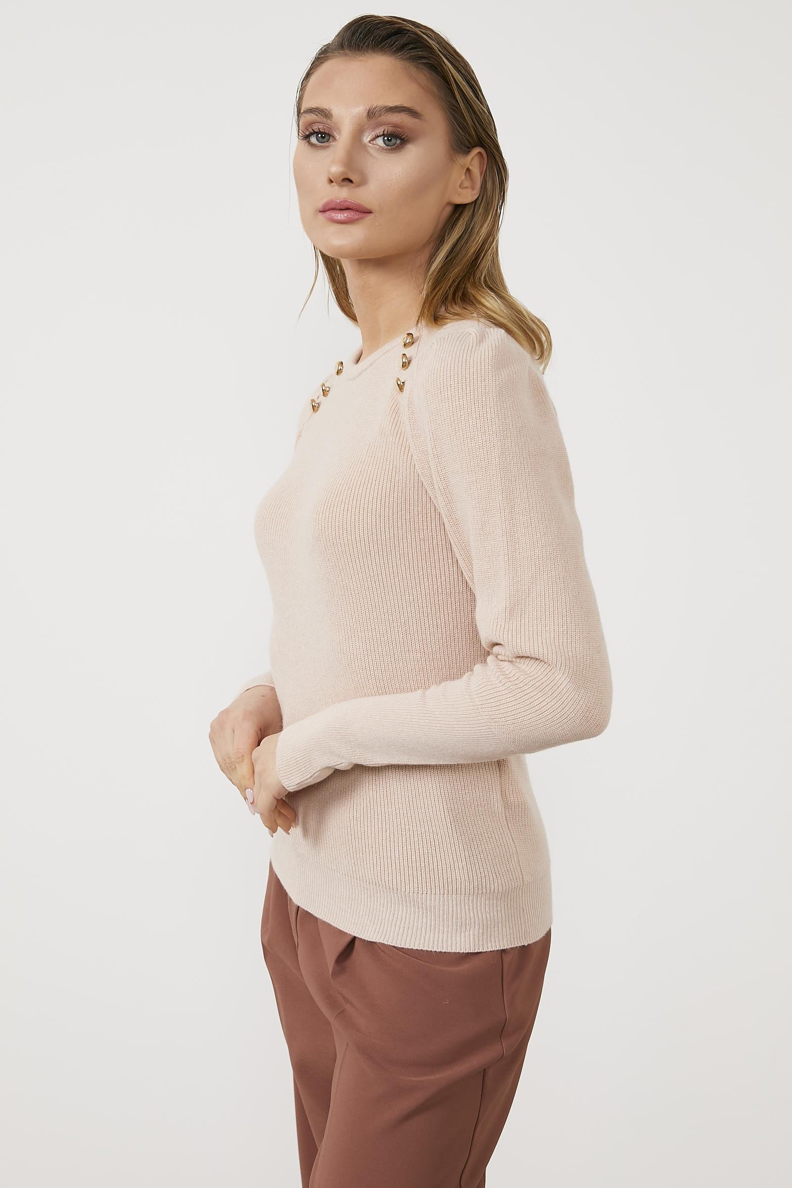 Sıfır Yaka Omuzları Düğmeli Triko Kazak - Pembe (4) Sementa