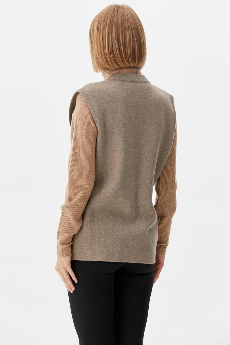 Sıfır Yaka Önü Kapitone Triko Yelek - Sütlü Kahve (5) Sementa