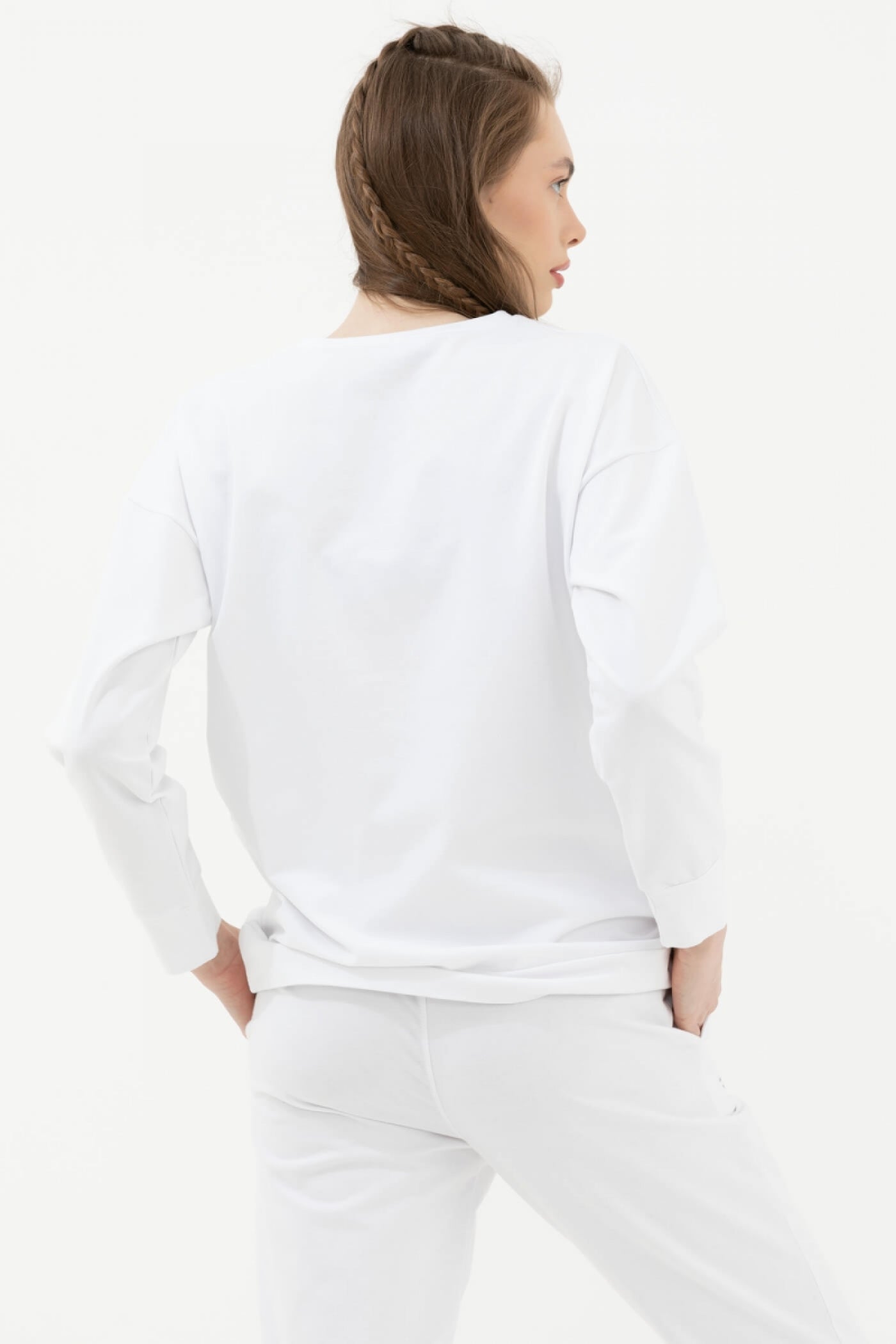 Sıfır Yaka Oversize Sweat - Beyaz (4) Sementa