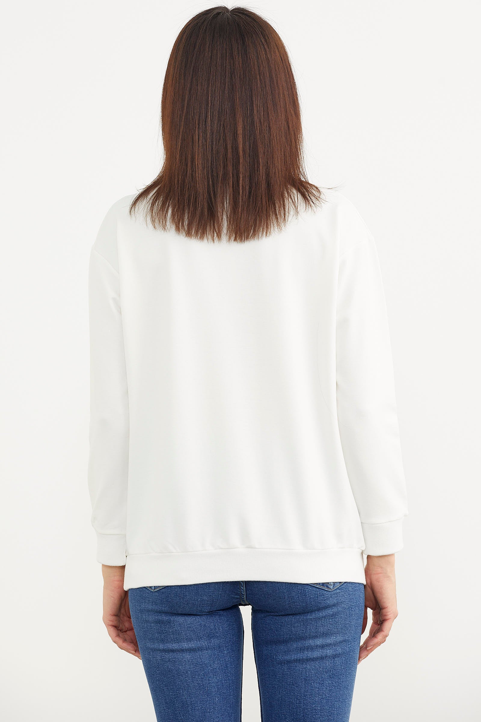 Sıfır Yaka Oversize Sweatshirt - Ekru (5) Sementa