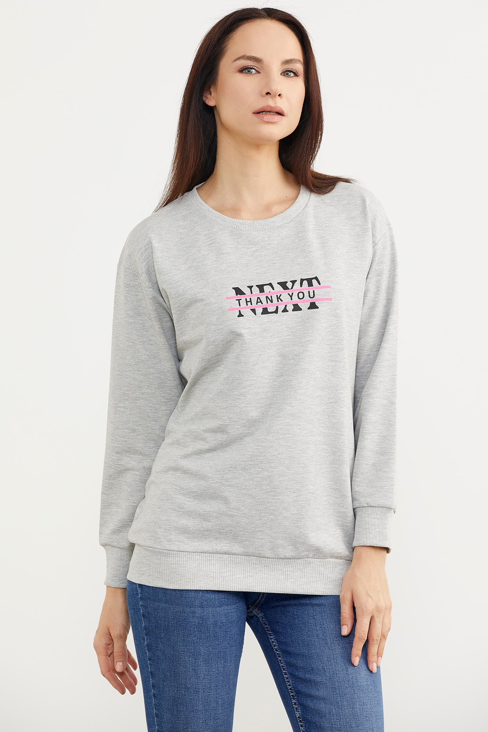 Sıfır Yaka Oversize Sweatshirt - Gri (2) Sementa