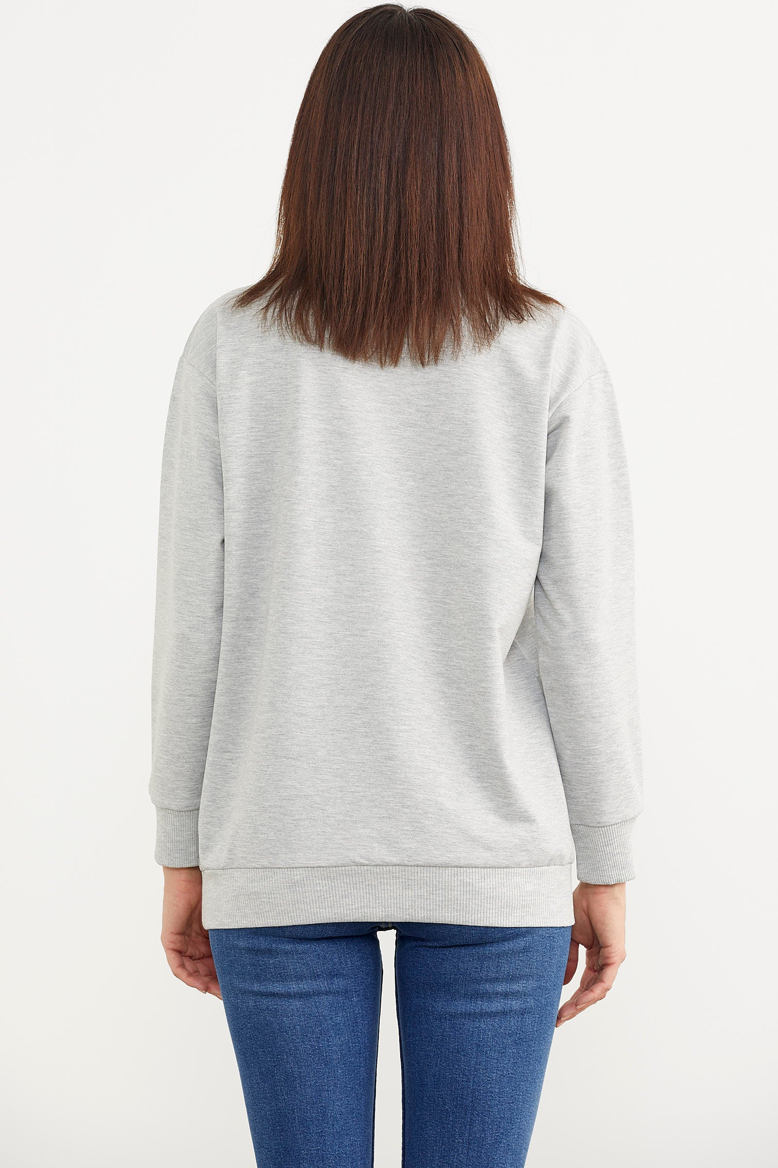 Sıfır Yaka Oversize Sweatshirt - Gri (4) Sementa