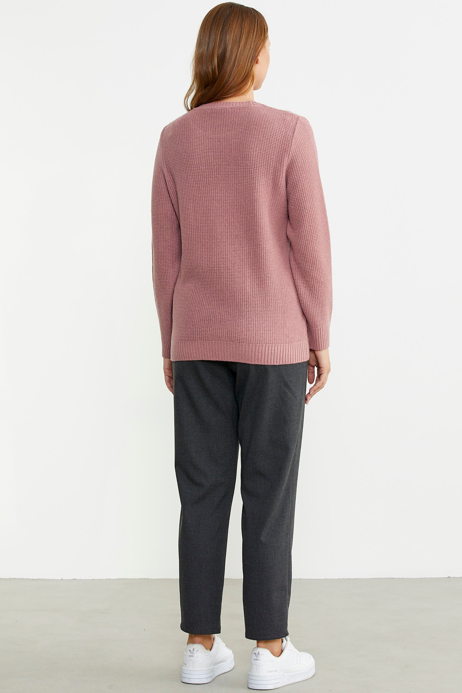 Sıfır Yaka Regular Fit Yünlü Triko Kazak - Gül - Sementa