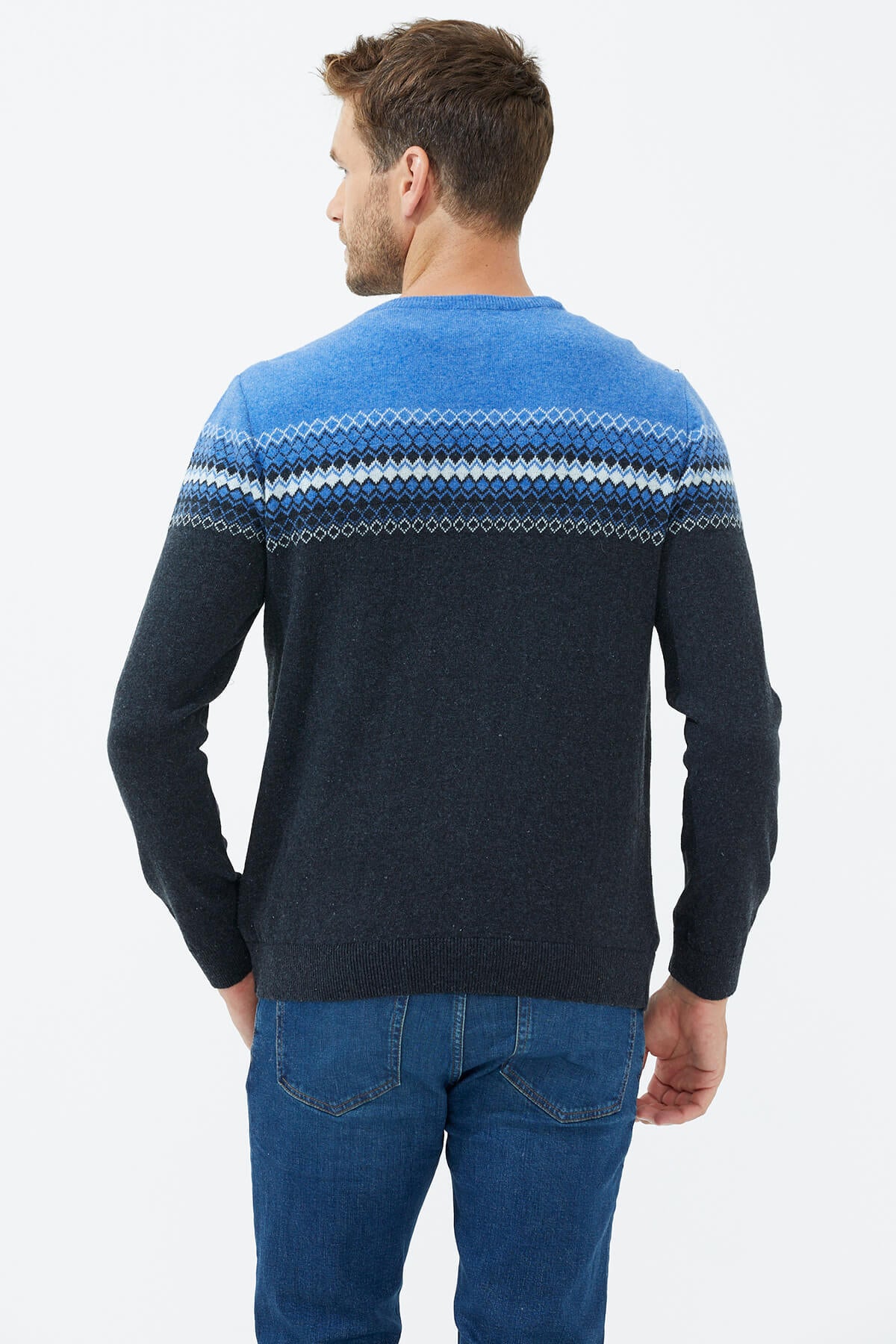 Sıfır Yaka Renkli Triko Kazak - Antrasit (4) Sementa