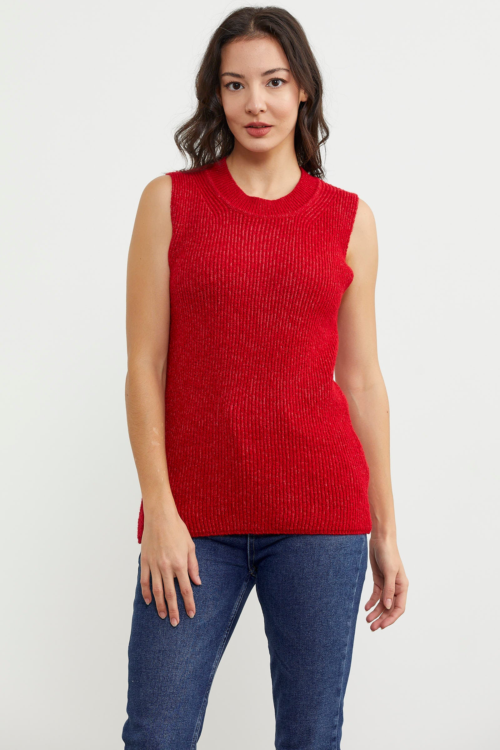 Derbili Sıfır Yaka Triko Süveter - Kırmızı (2) Sementa