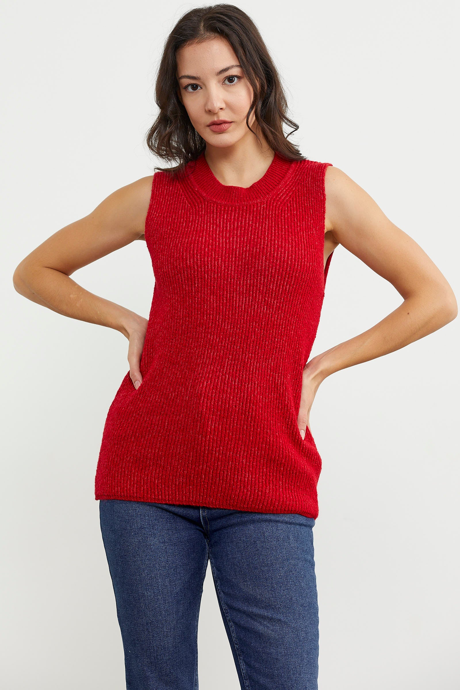 Derbili Sıfır Yaka Triko Süveter - Kırmızı (5) Sementa