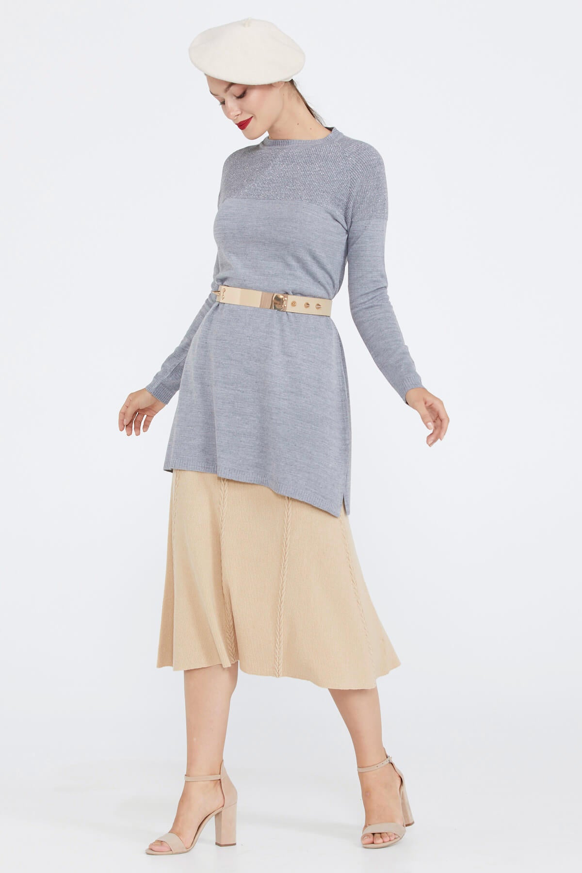 Sıfır Yaka Simli Triko Kadın Tunik - Gri (3) Sementa