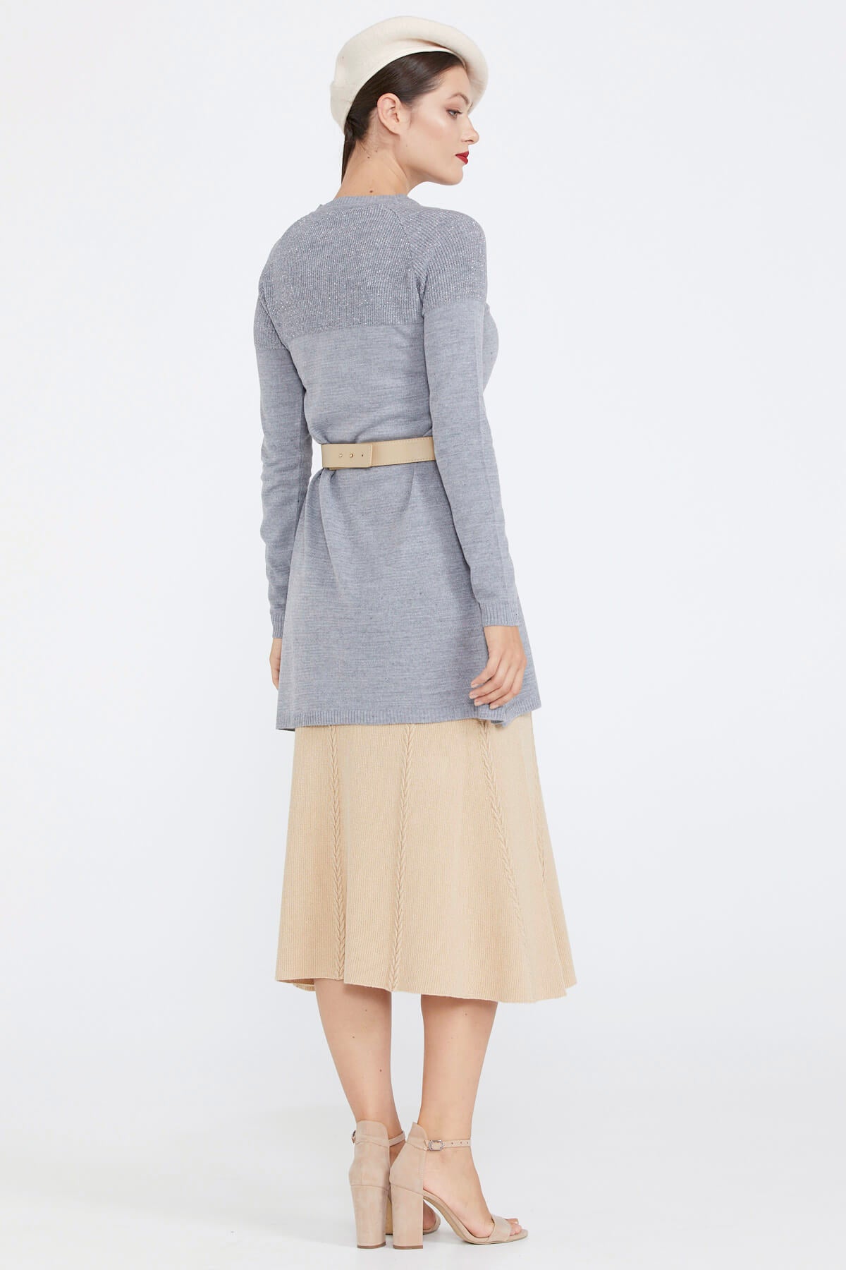 Sıfır Yaka Simli Triko Kadın Tunik - Gri (4) Sementa