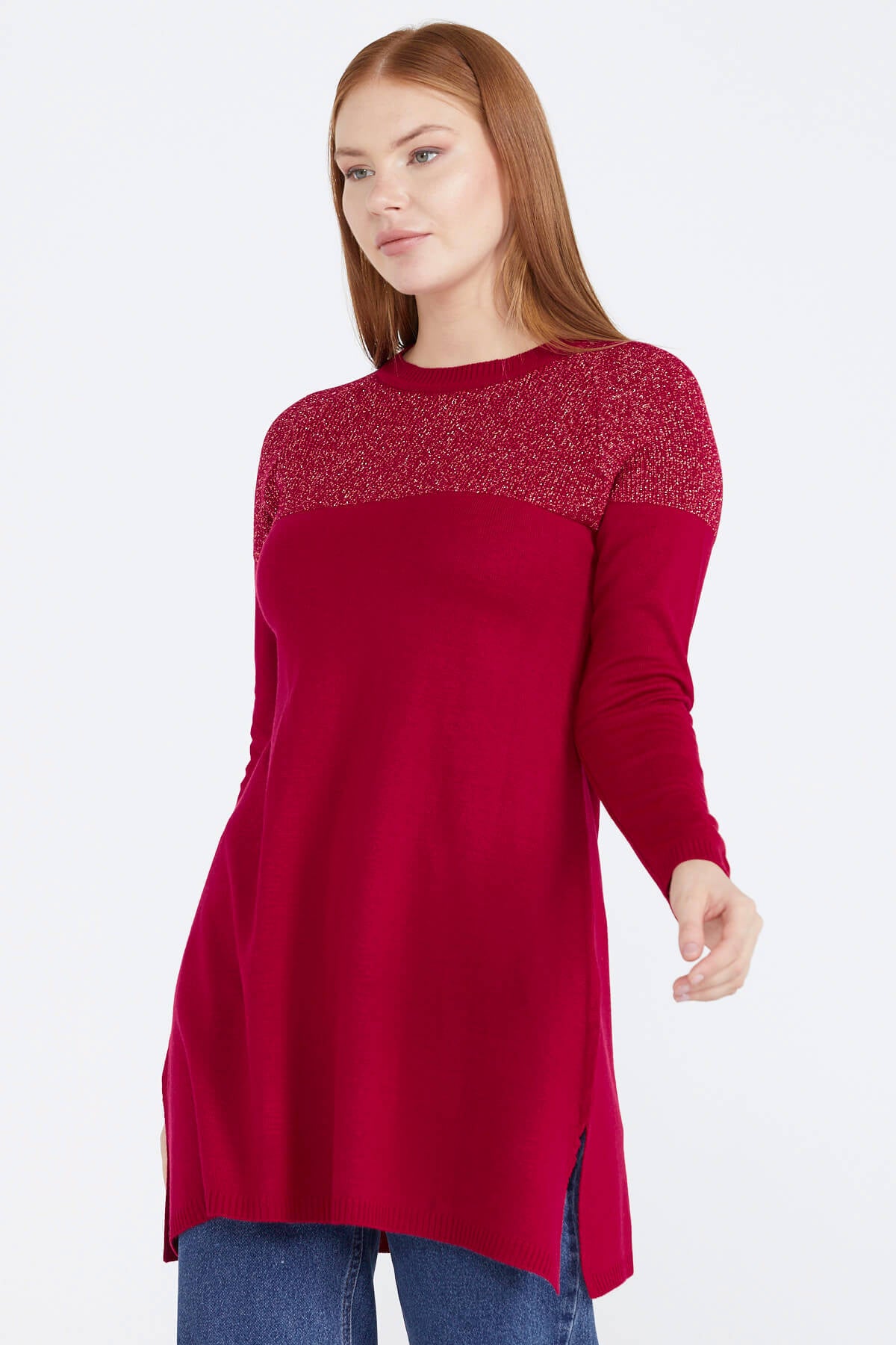 Sıfır Yaka Simli Triko Kadın Tunik - Kırmızı (3) Sementa