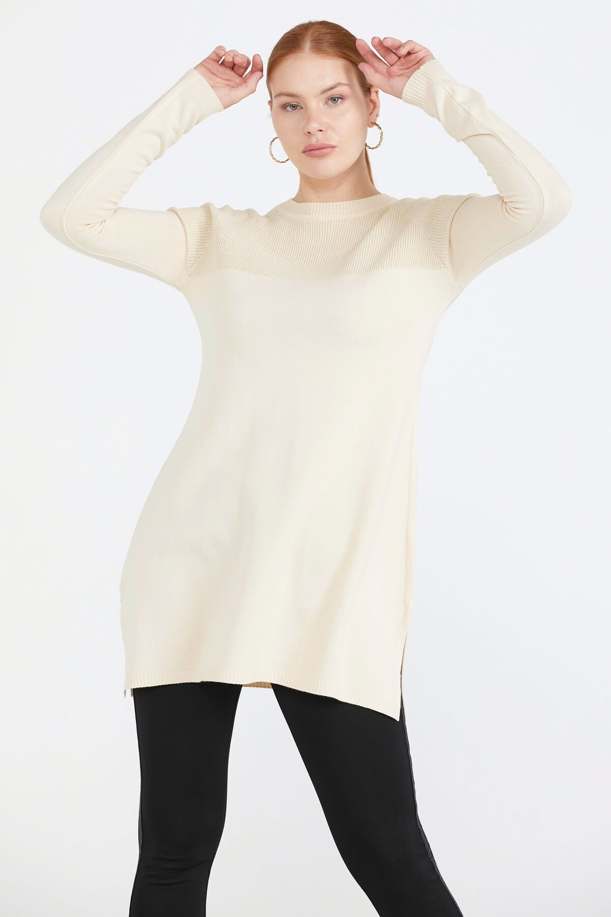 Sıfır Yaka Simli Triko Kadın Tunik - Krem (3) Sementa