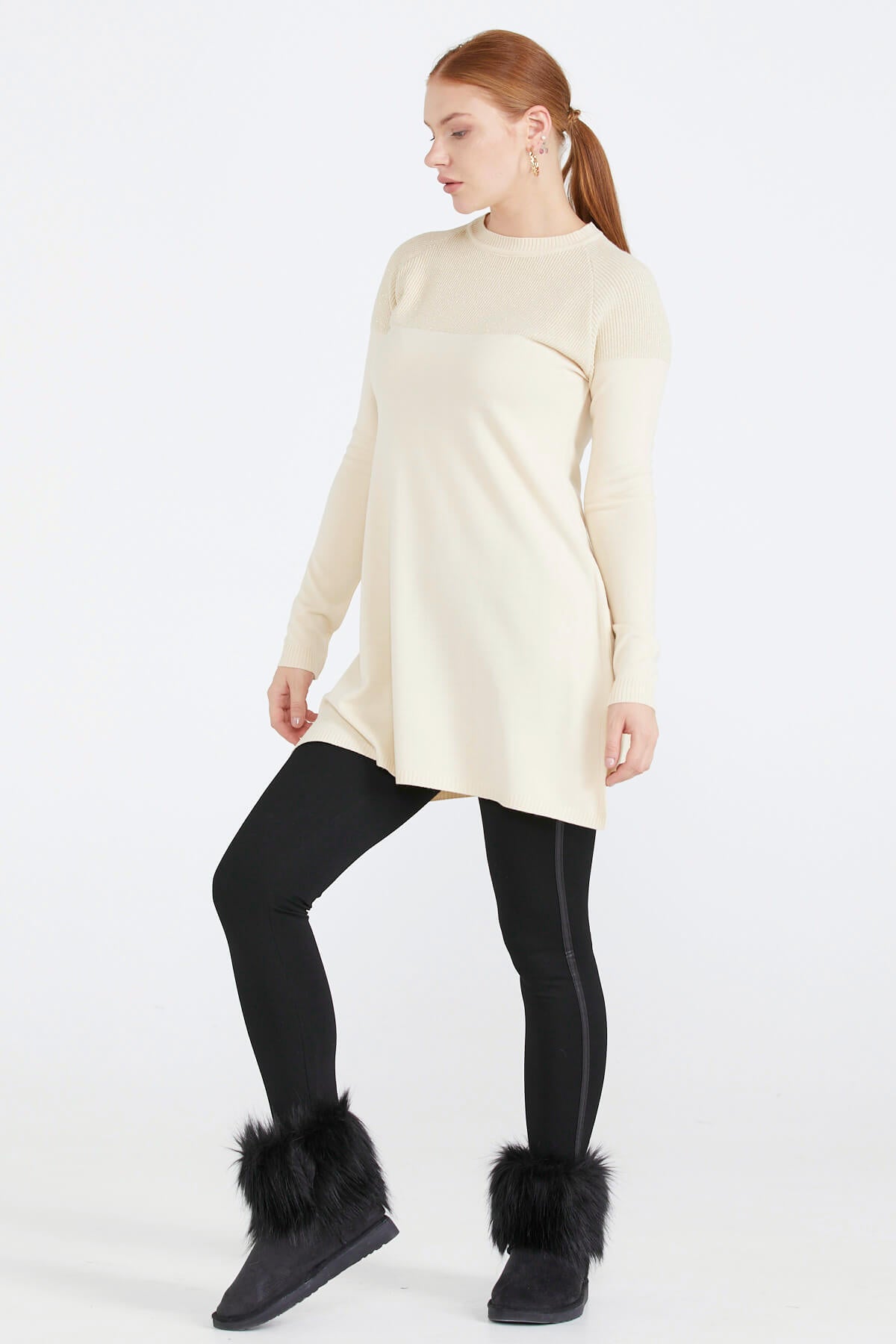 Sıfır Yaka Simli Triko Kadın Tunik - Krem (4) Sementa