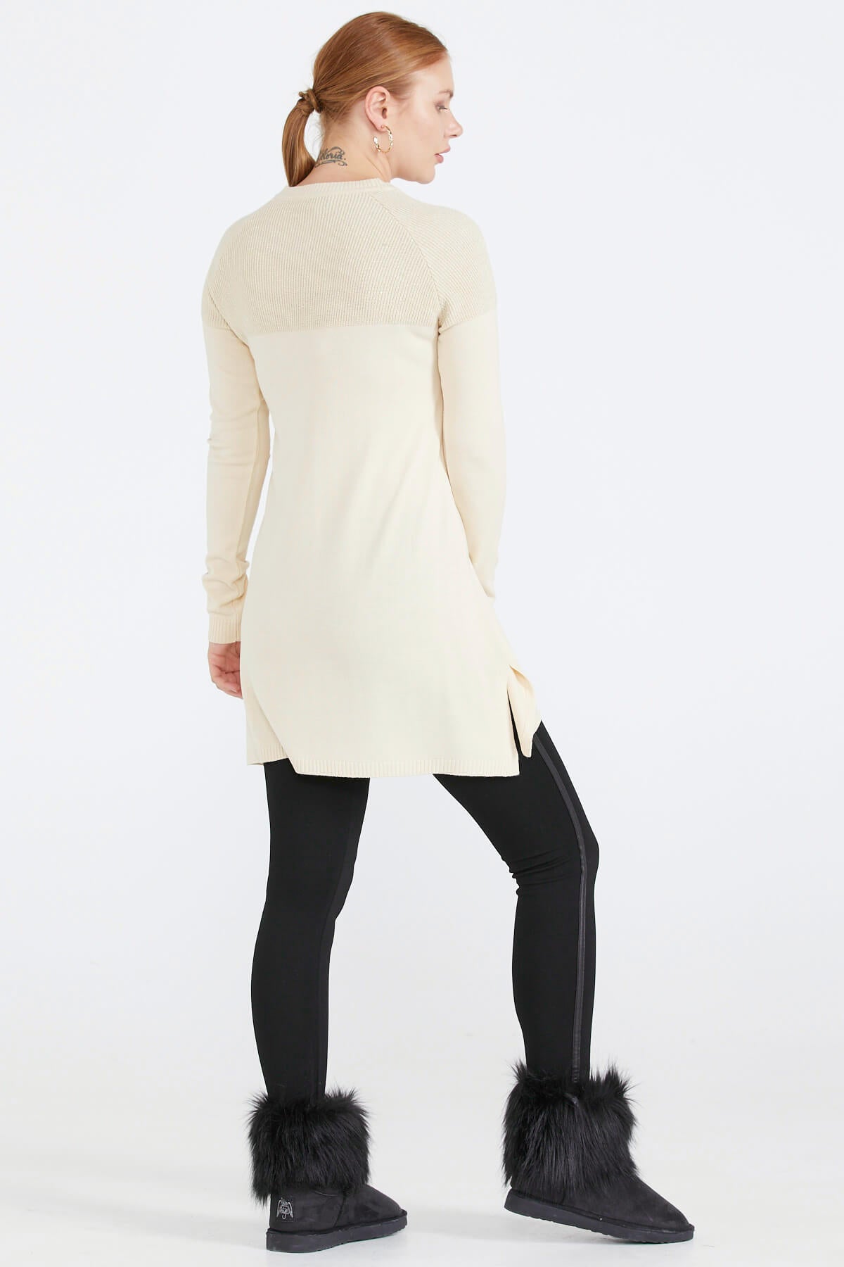 Sıfır Yaka Simli Triko Kadın Tunik - Krem (5) Sementa