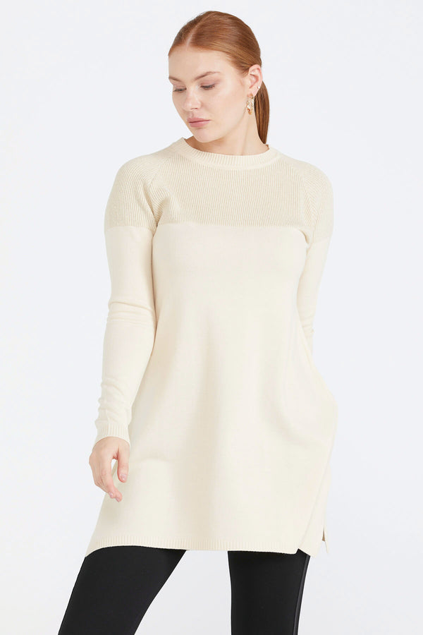 Sıfır Yaka Simli Triko Kadın Tunik - Krem (6) Sementa