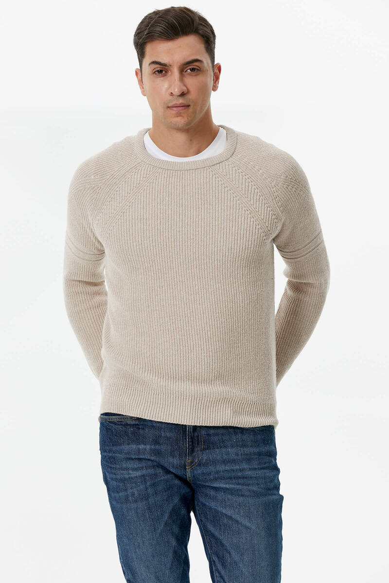 Sıfır Yaka Triko Kazak - Açık Bej (3) Sementa
