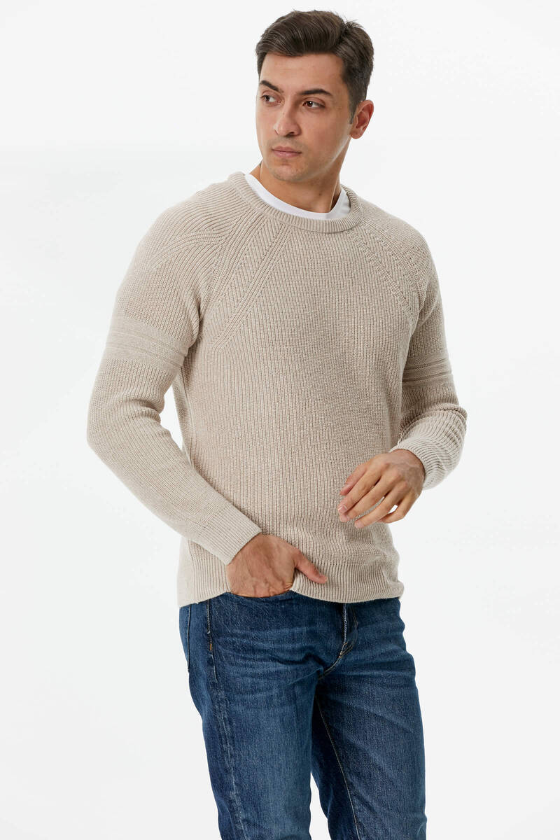 Sıfır Yaka Triko Kazak - Açık Bej (5) Sementa