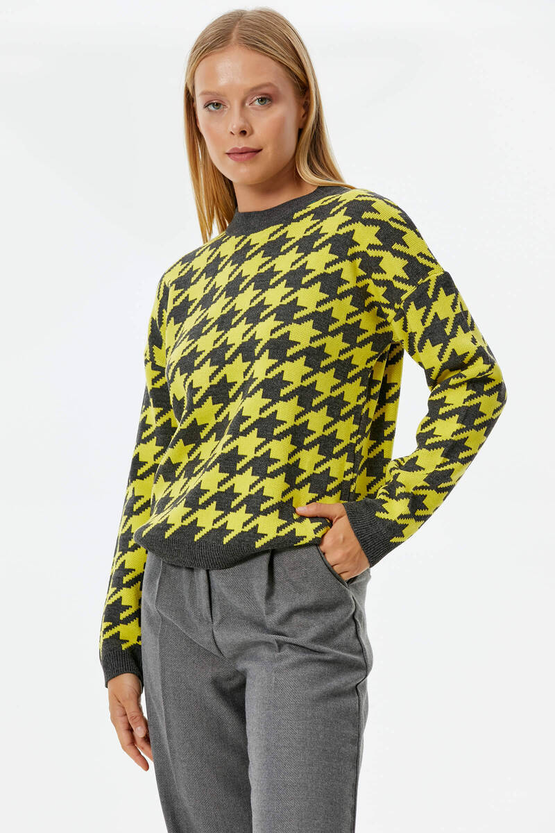 Sıfır Yaka Triko Kazak - Antrasit - Sarı (3) Sementa