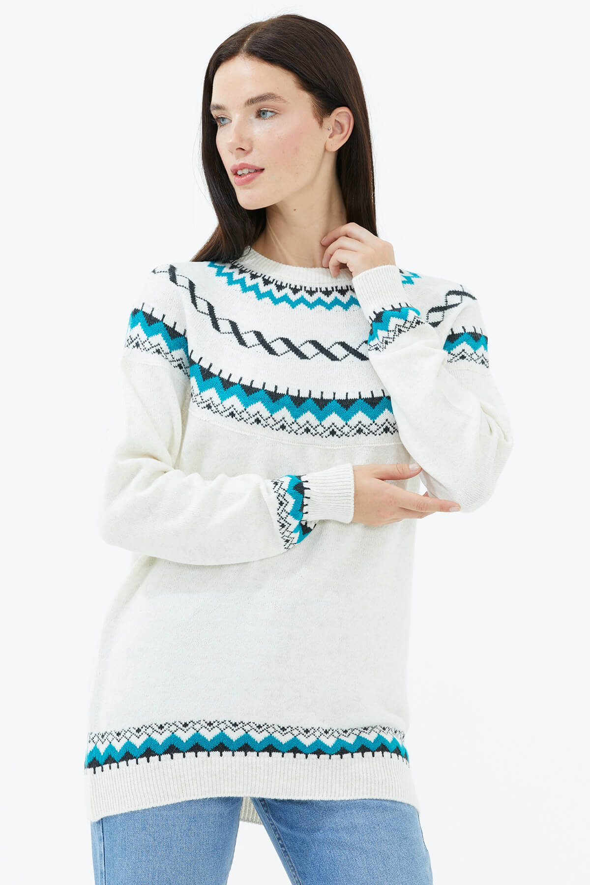 Sıfır Yaka Triko Kazak - Kemik (2) Sementa