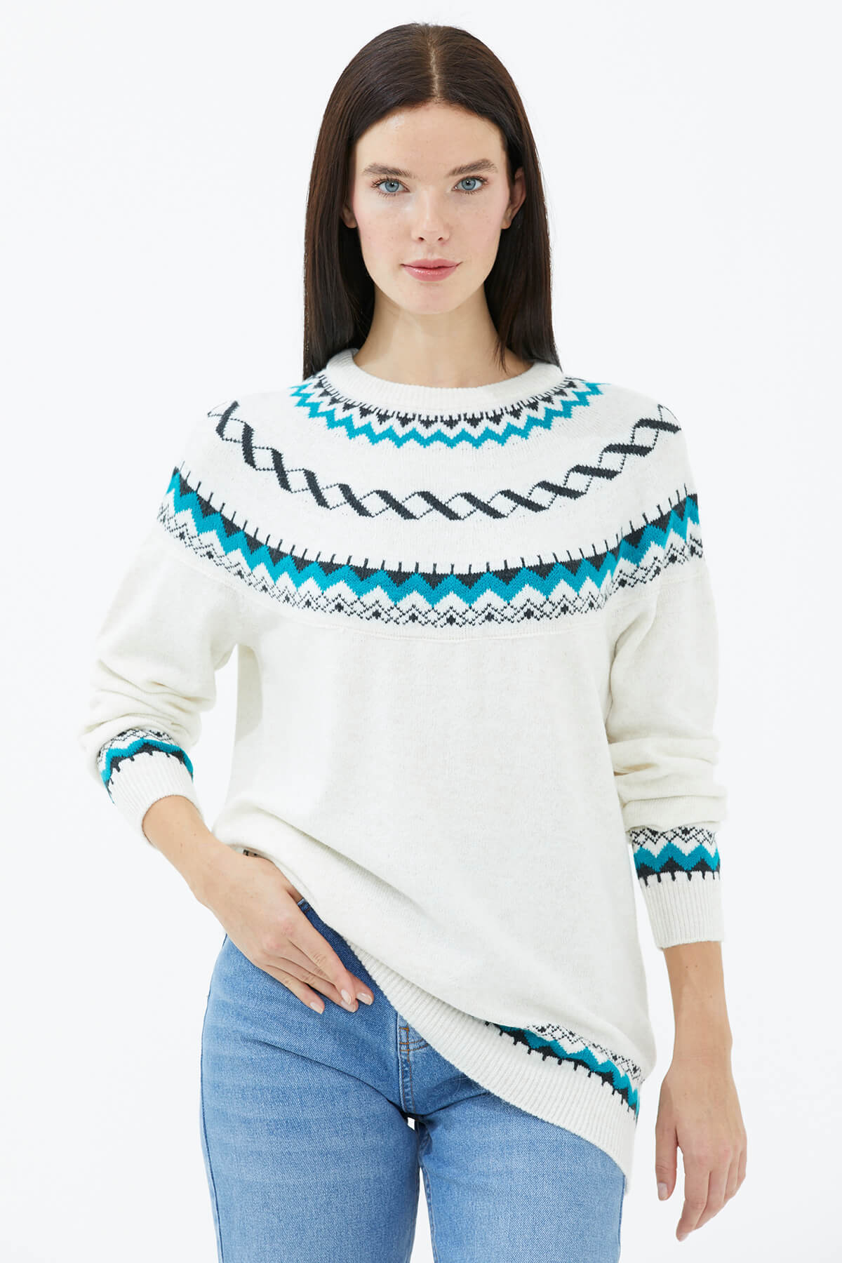 Sıfır Yaka Triko Kazak - Kemik (3) Sementa