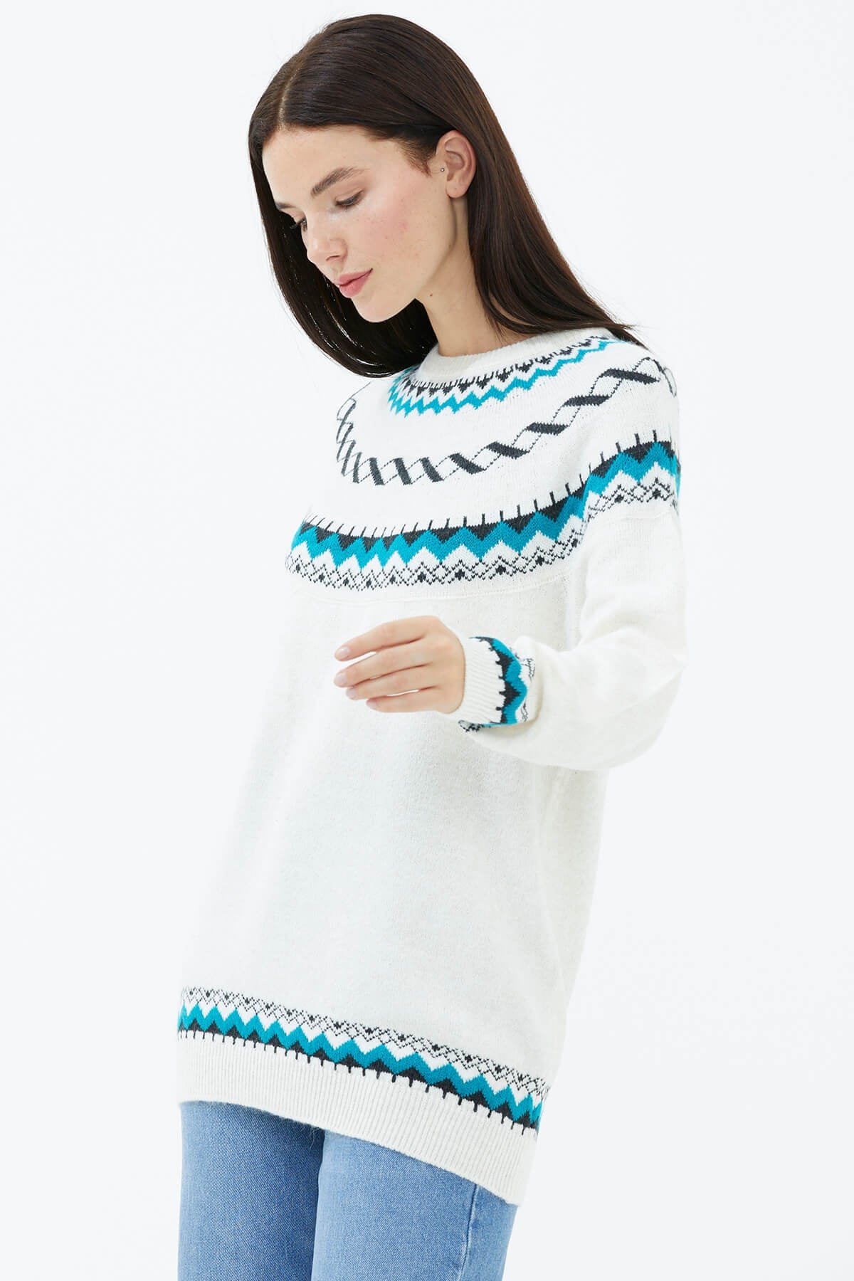 Sıfır Yaka Triko Kazak - Kemik (4) Sementa