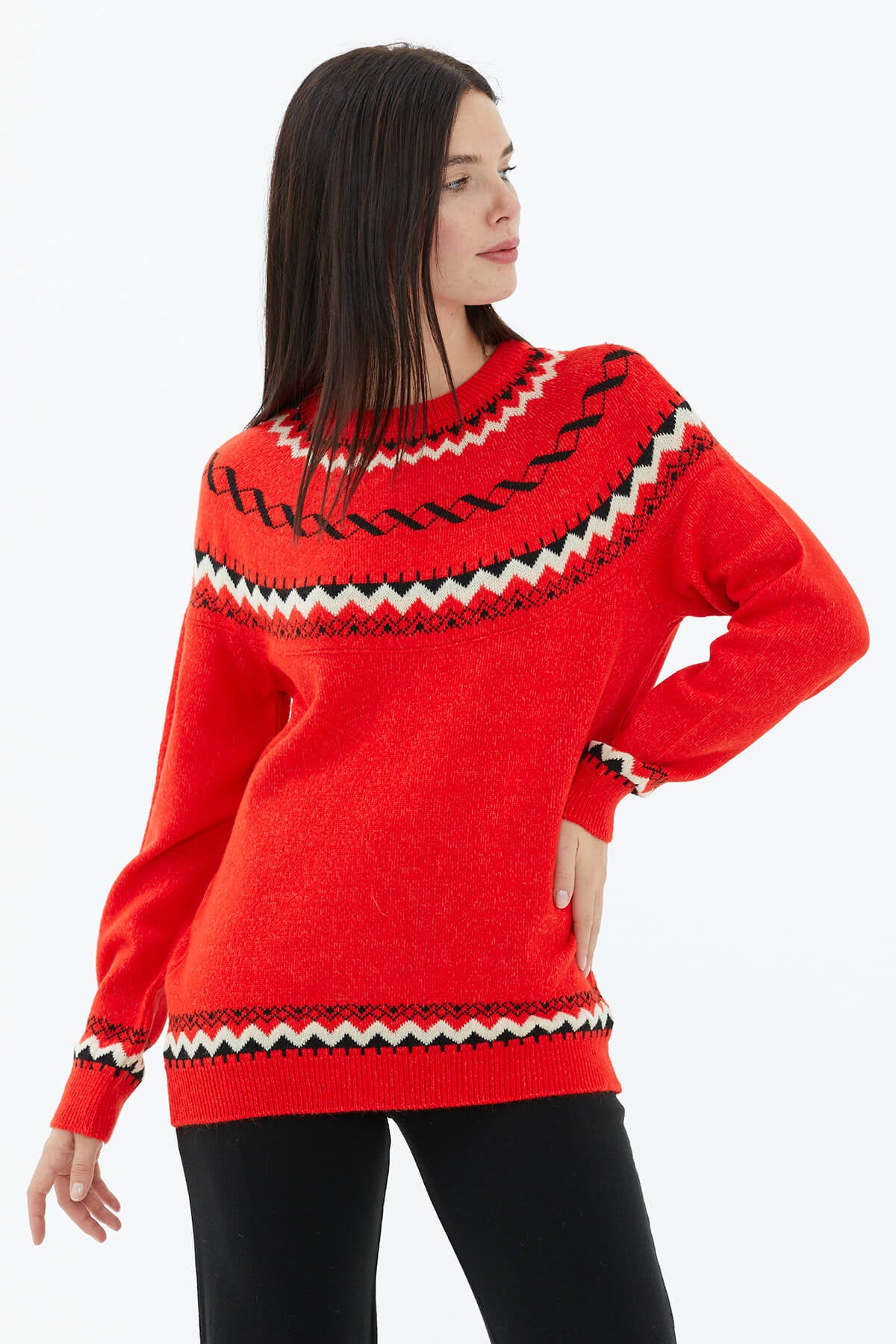 Sıfır Yaka Triko Kazak - Kırmızı (2) Sementa