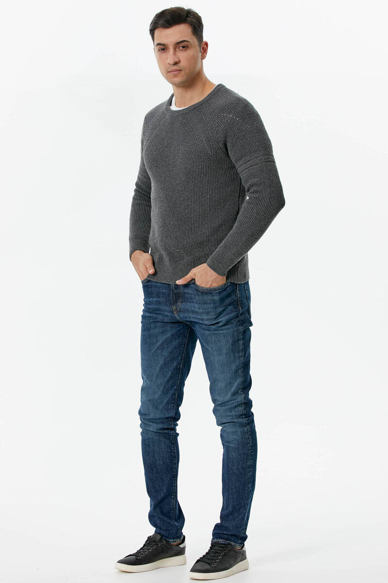 Sıfır Yaka Triko Kazak - Koyu Gri (3) Sementa