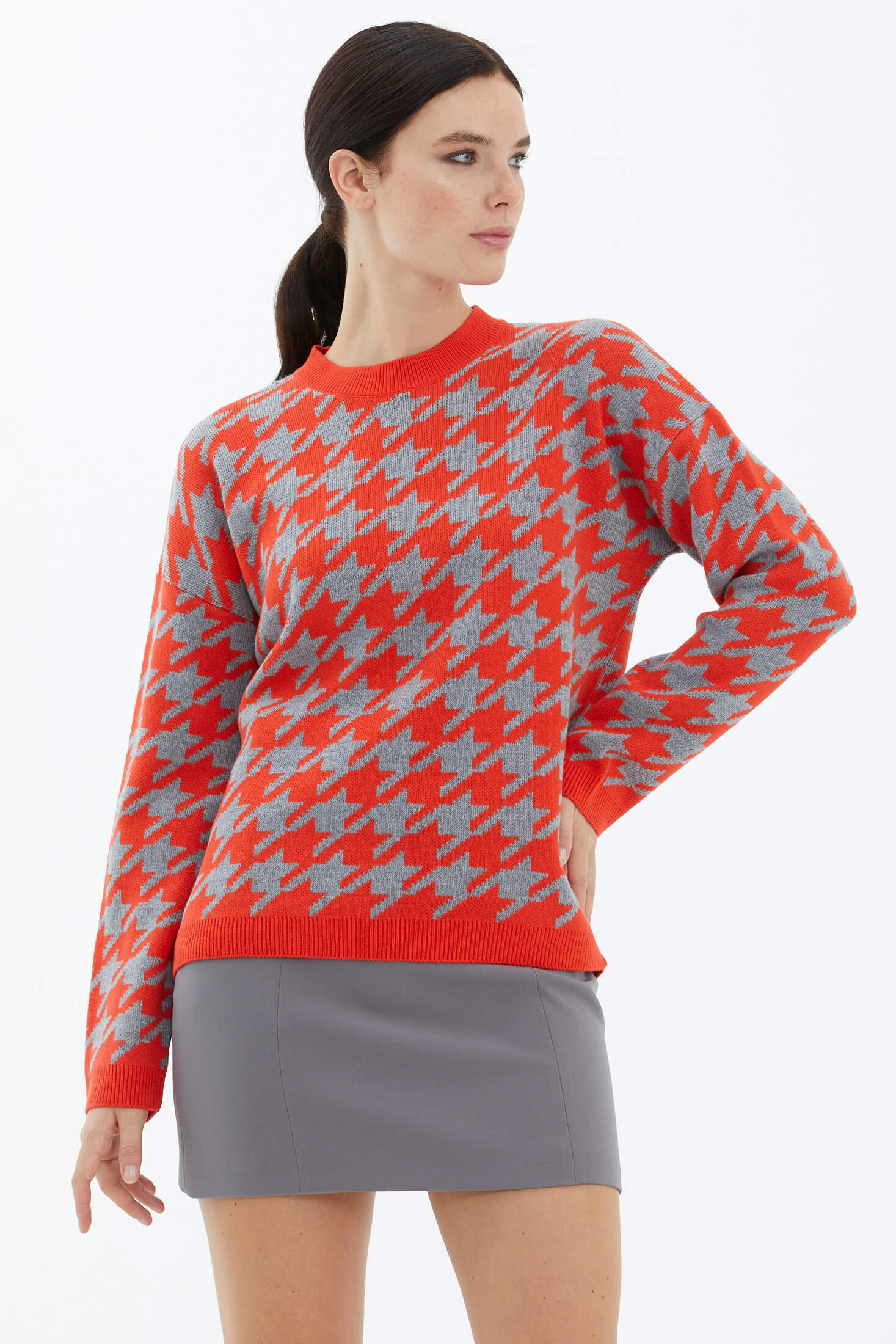 Sıfır Yaka Triko Kazak - Nar - Gri (3) Sementa