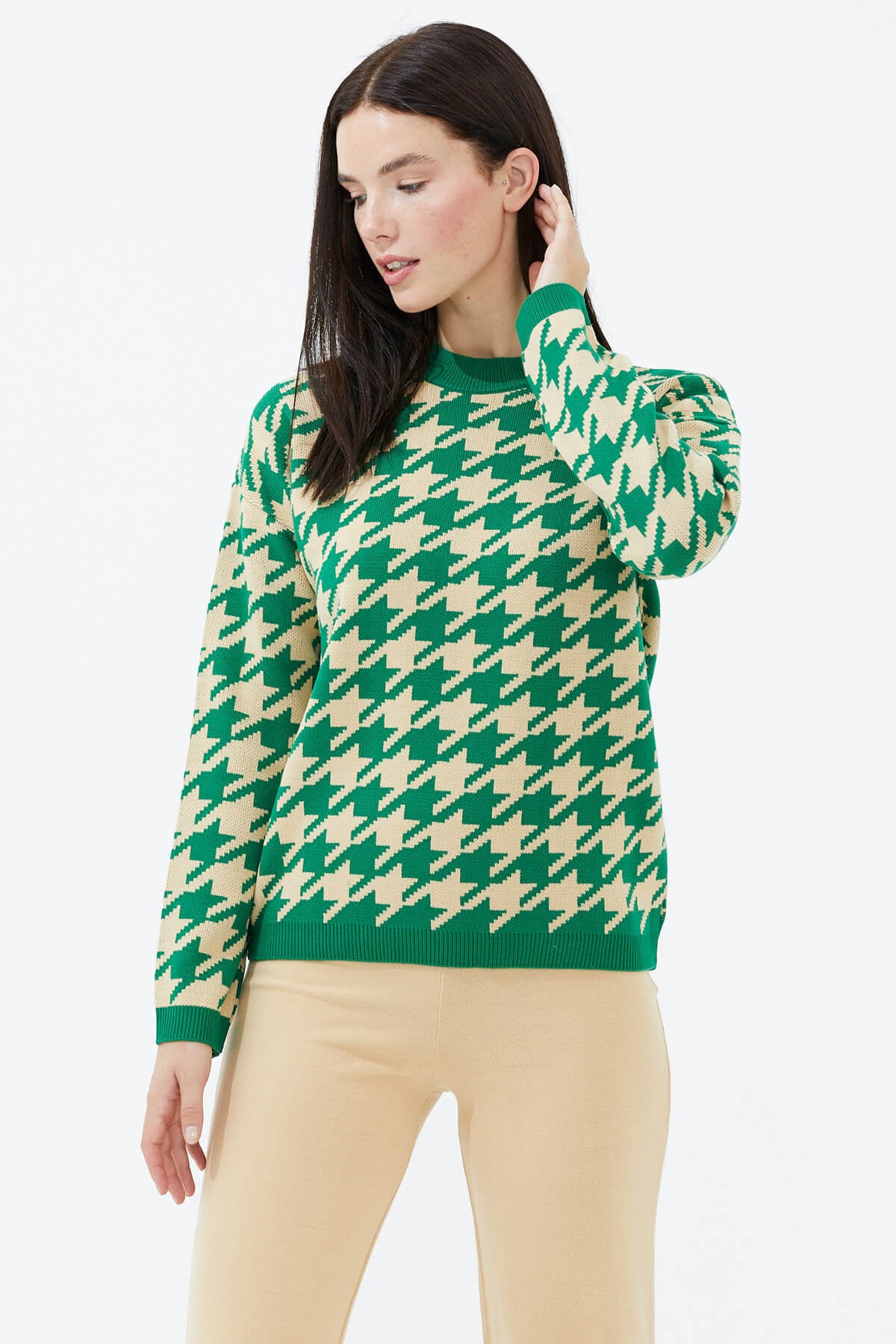 Sıfır Yaka Triko Kazak - Yeşil - Bej (3) Sementa