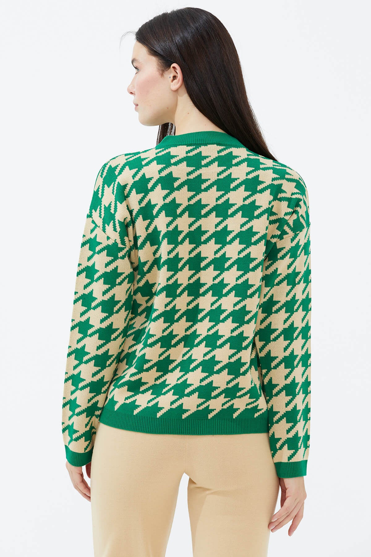 Sıfır Yaka Triko Kazak - Yeşil - Bej (4) Sementa