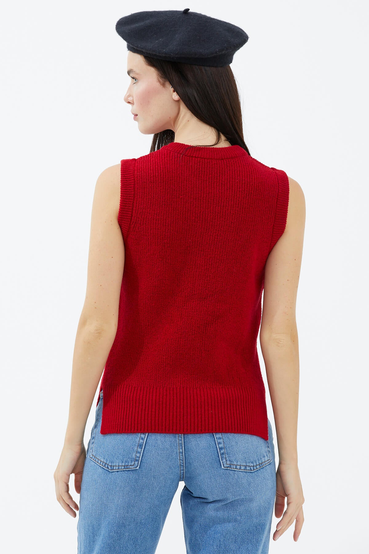 Sıfır Yaka Triko Süveter - Kırmızı (3) Sementa