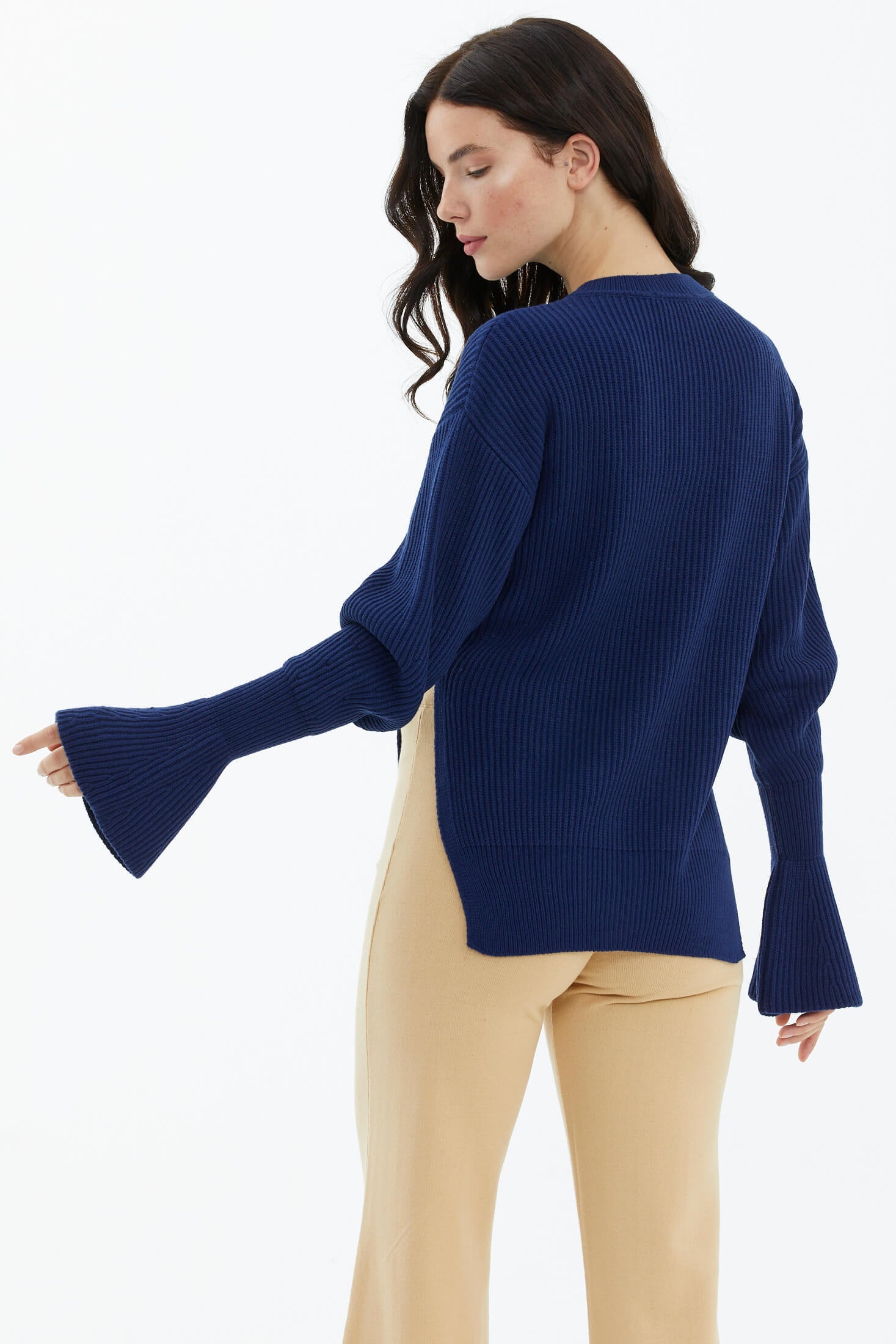 Sıfır Yaka Yırtmaçlı İspanyol Kol Tiriko Kazak - Lacivert (4) Sementa