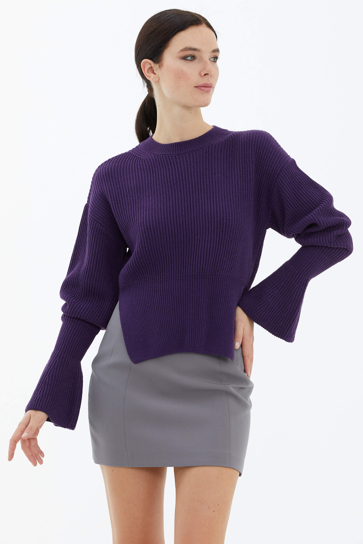 Sıfır Yaka Yırtmaçlı İspanyol Kol Tiriko Kazak - Mor (3) Sementa