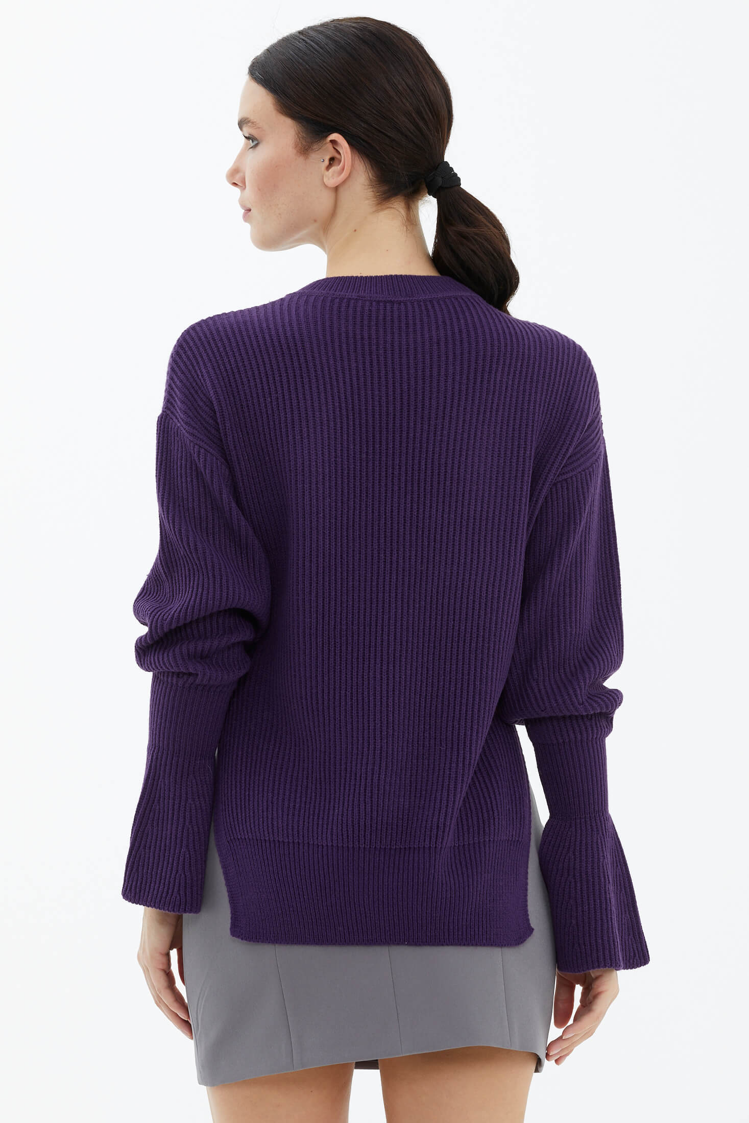 Sıfır Yaka Yırtmaçlı İspanyol Kol Tiriko Kazak - Mor (4) Sementa