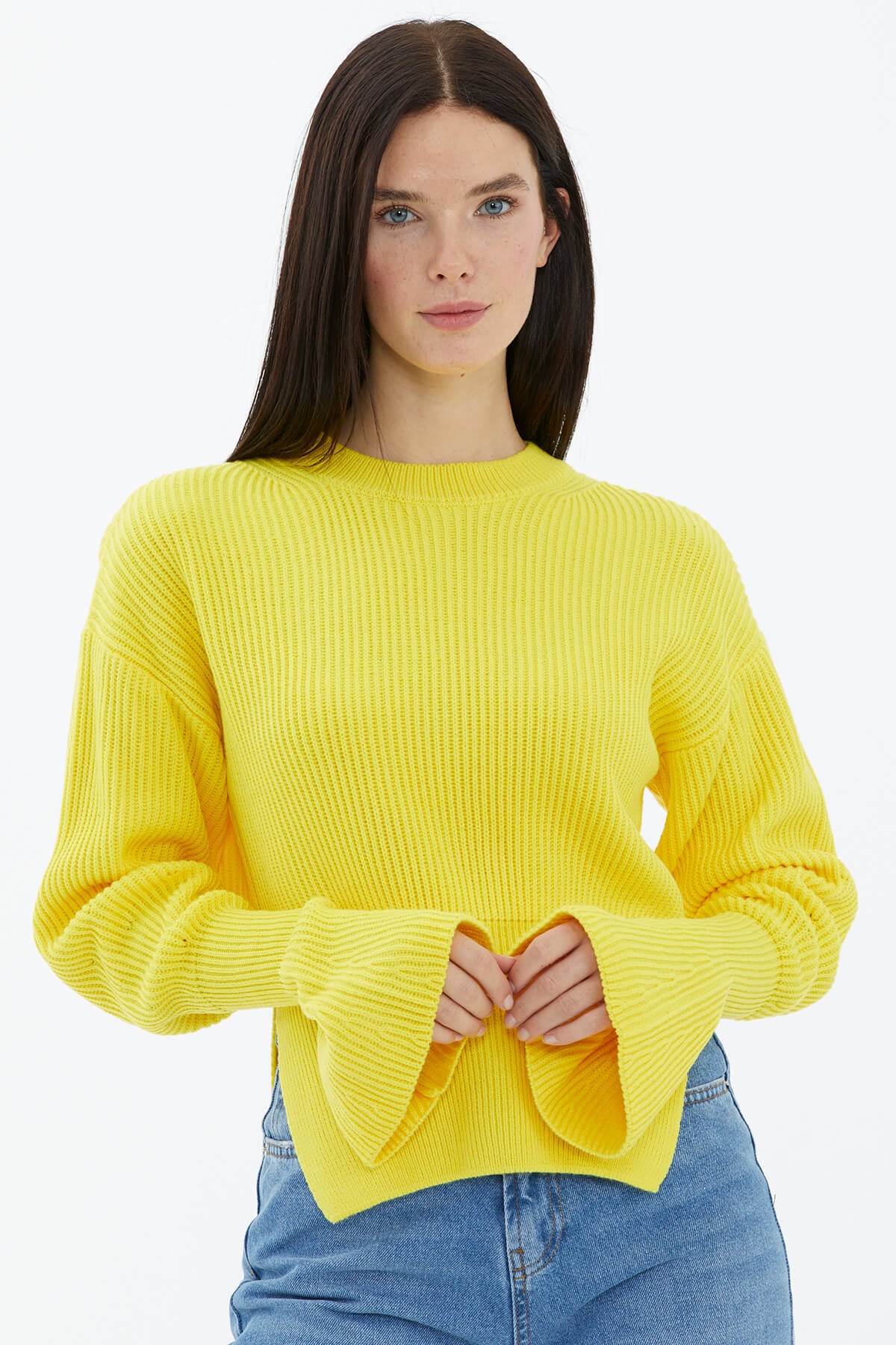 Sıfır Yaka Yırtmaçlı İspanyol Kol Tiriko Kazak - Sarı (3) Sementa