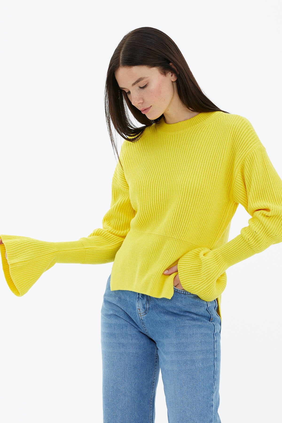 Sıfır Yaka Yırtmaçlı İspanyol Kol Tiriko Kazak - Sarı (4) Sementa