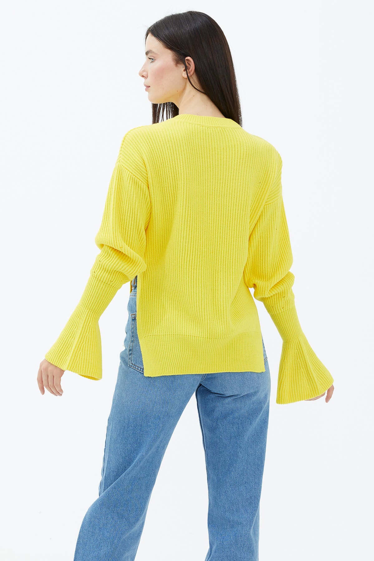 Sıfır Yaka Yırtmaçlı İspanyol Kol Tiriko Kazak - Sarı (5) Sementa