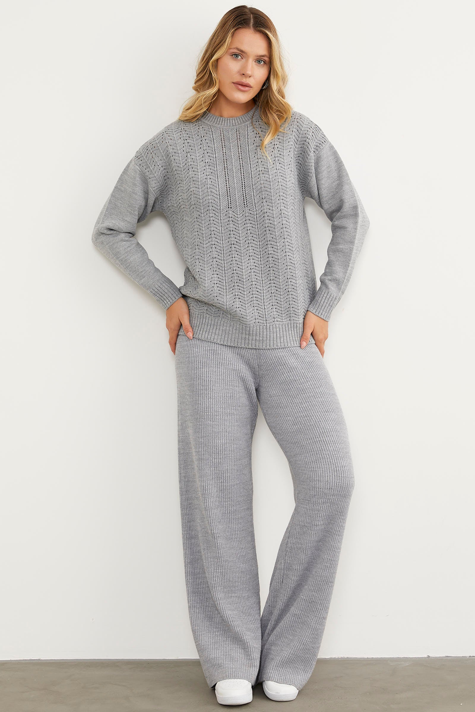 Sıfır Yaka Zik Zak Motifli Triko Kazak - Gri (2) Sementa