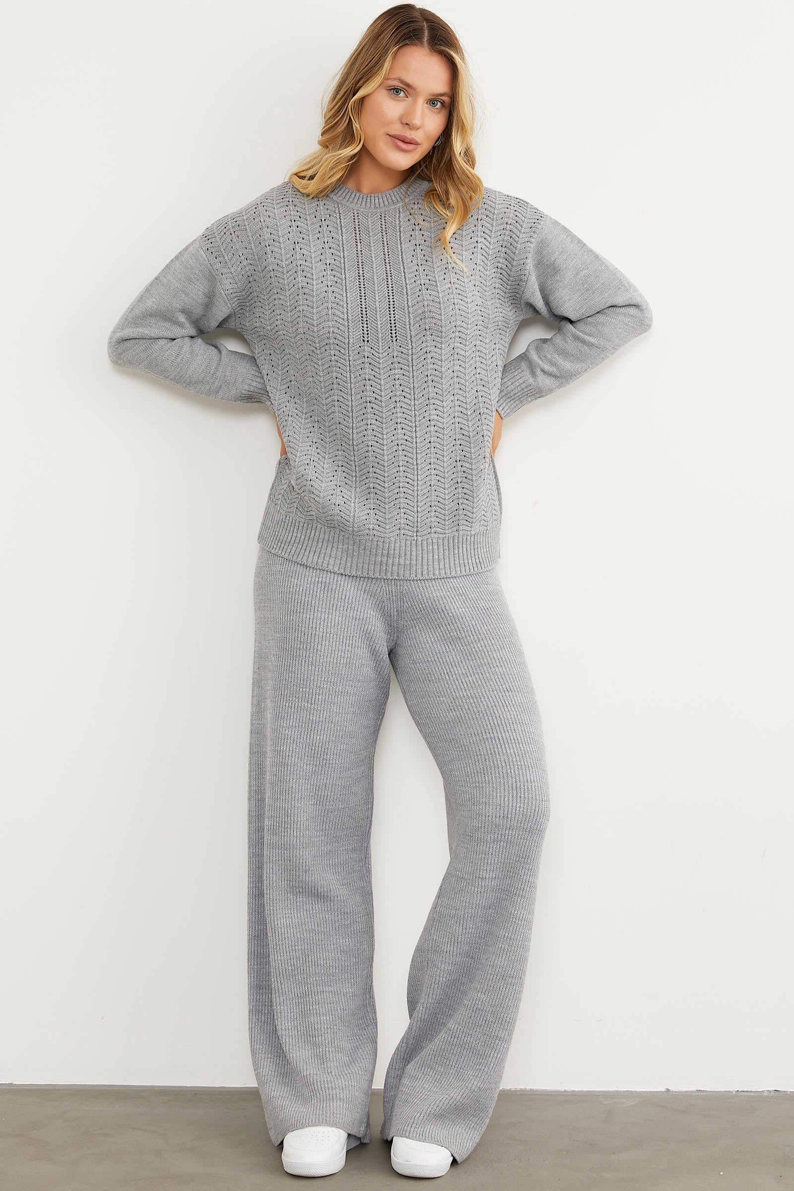 Sıfır Yaka Zik Zak Motifli Triko Kazak - Gri (3) Sementa