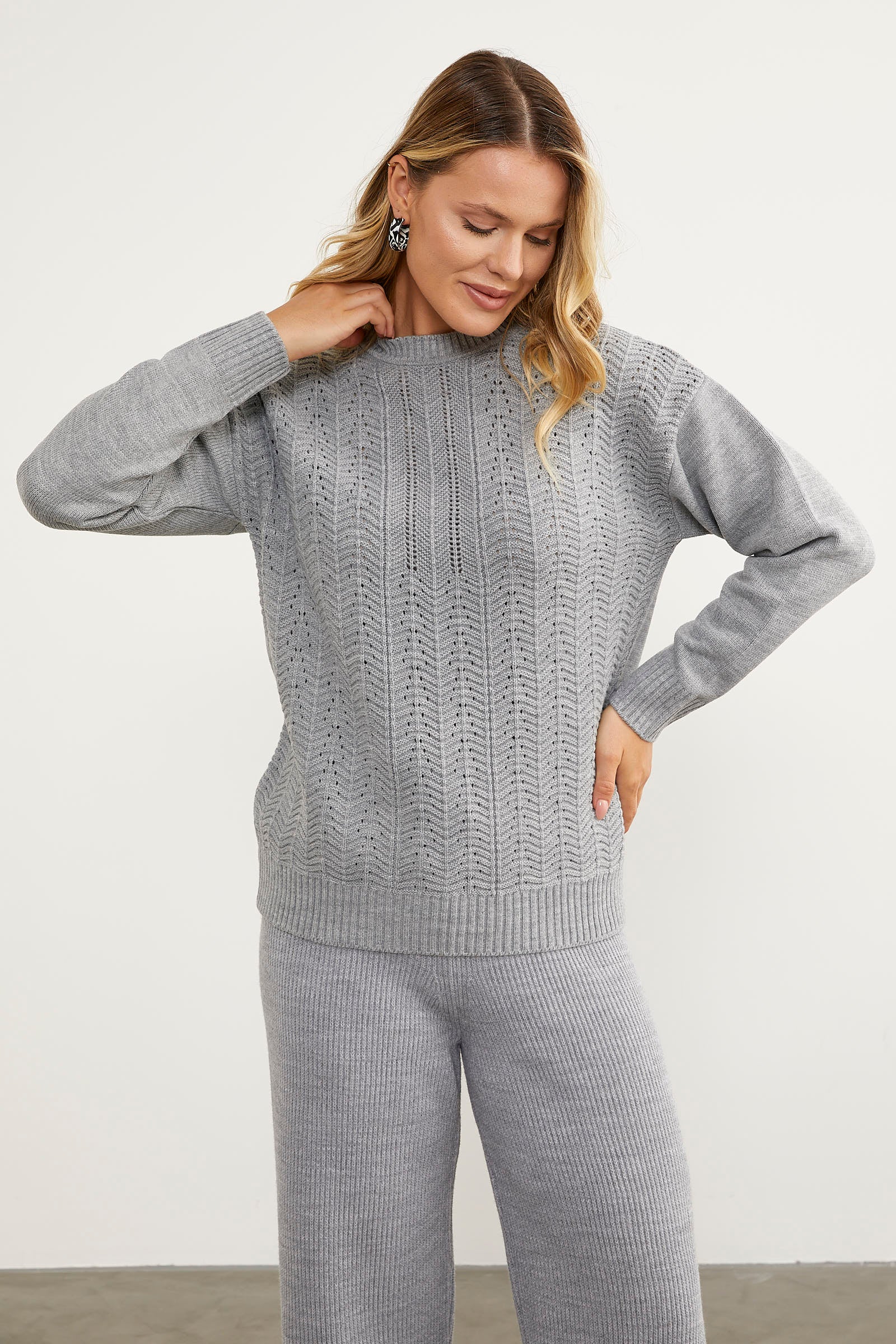 Sıfır Yaka Zik Zak Motifli Triko Kazak - Gri (5) Sementa