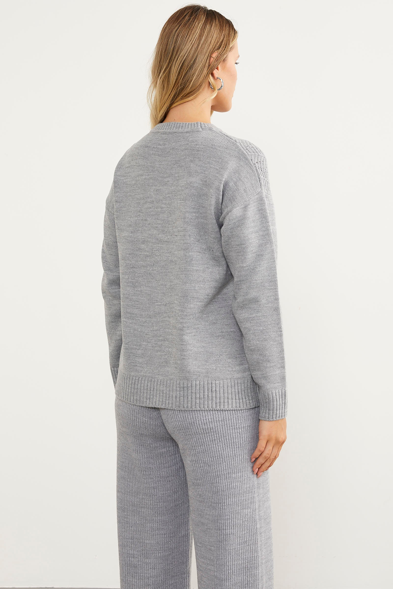 Sıfır Yaka Zik Zak Motifli Triko Kazak - Gri (7) Sementa