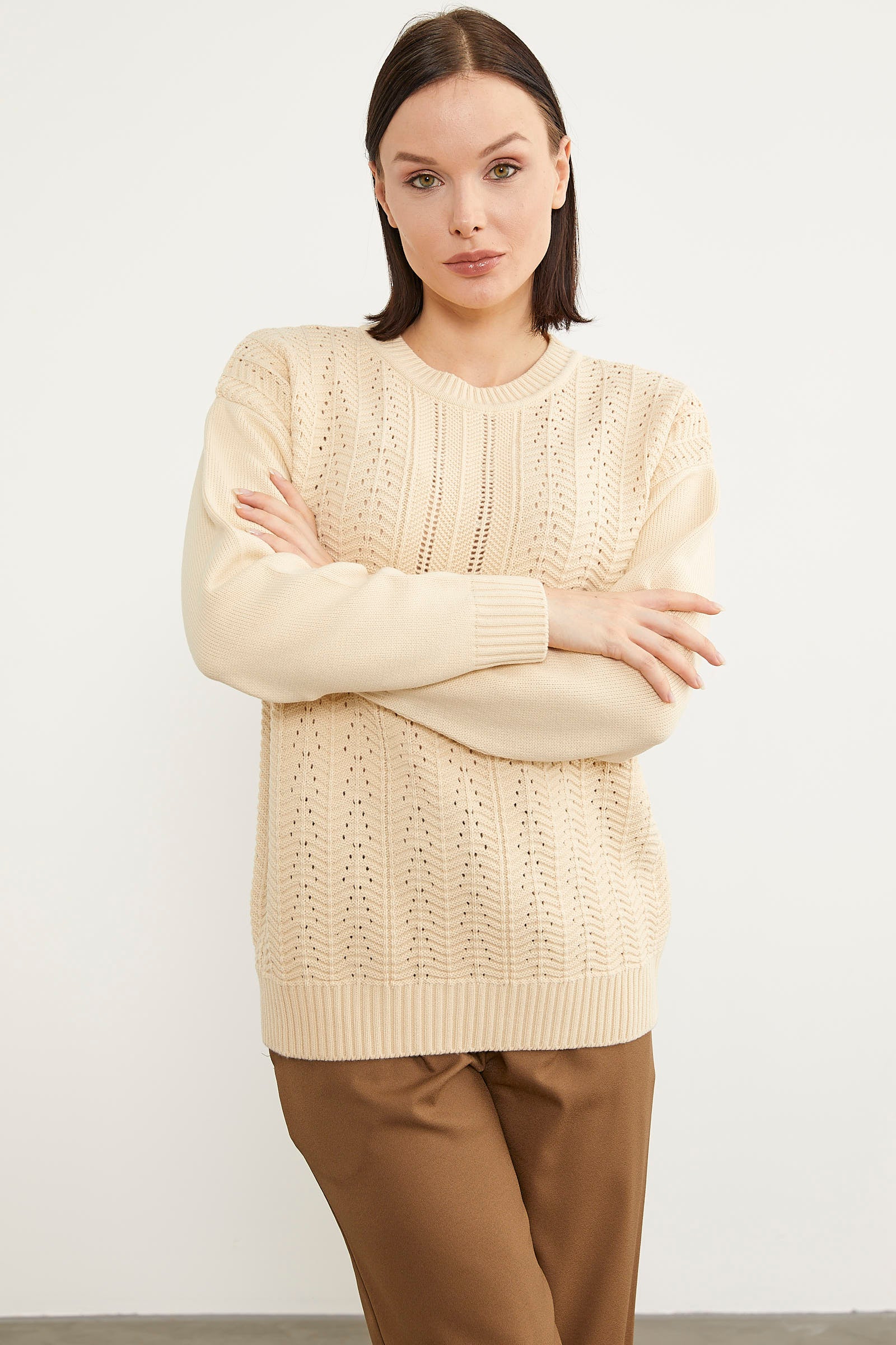 Sıfır Yaka Zik Zak Motifli Triko Kazak - Kemik (3) Sementa