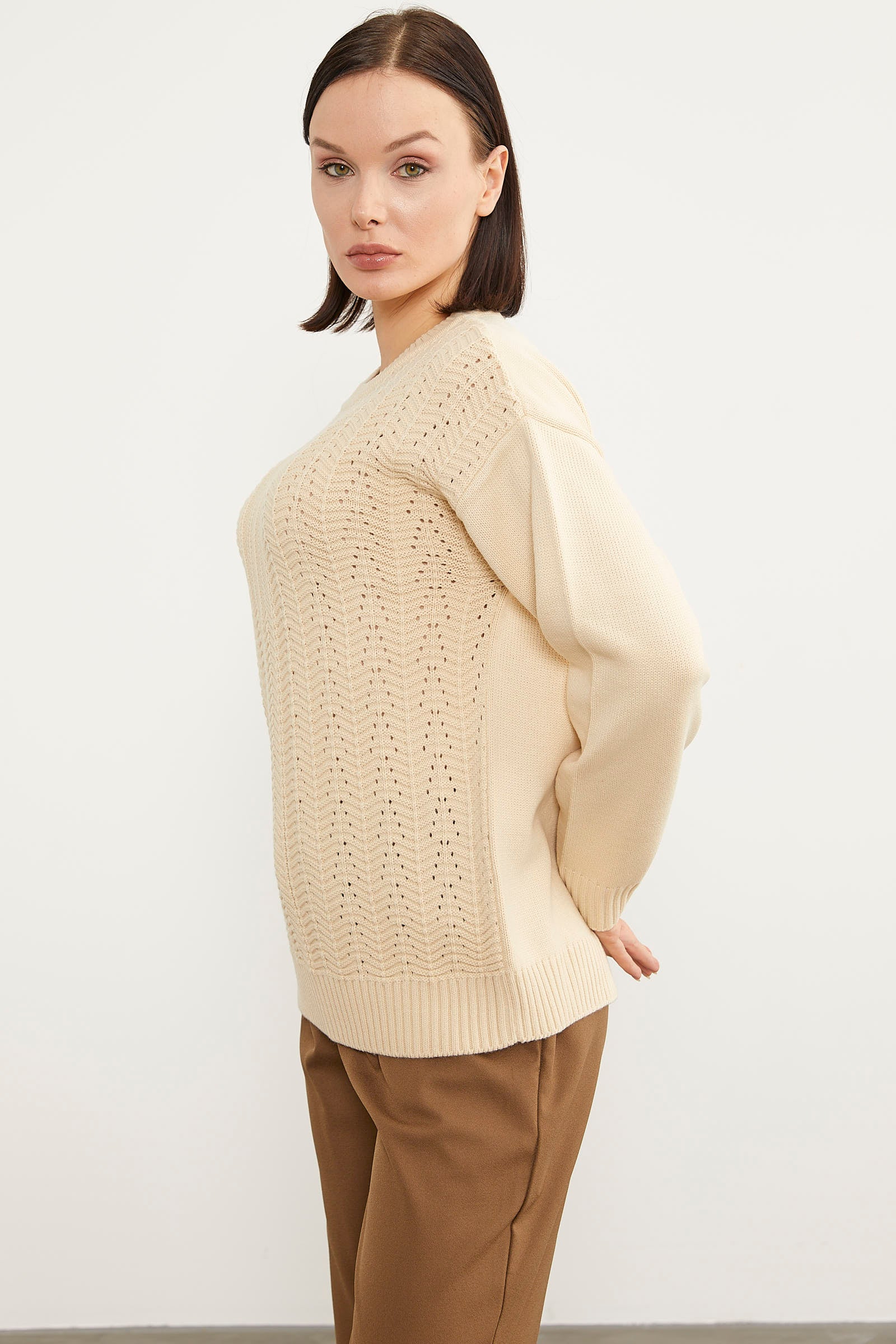 Sıfır Yaka Zik Zak Motifli Triko Kazak - Kemik (4) Sementa